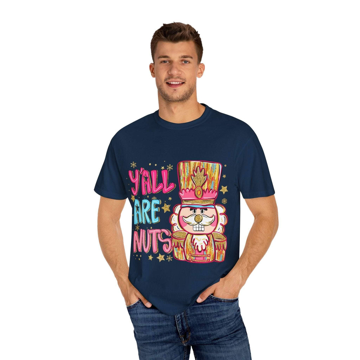 Man wearing navy Yall Are Nuts Nutcracker festive cotton t-shirt with colorful nutcracker and text design