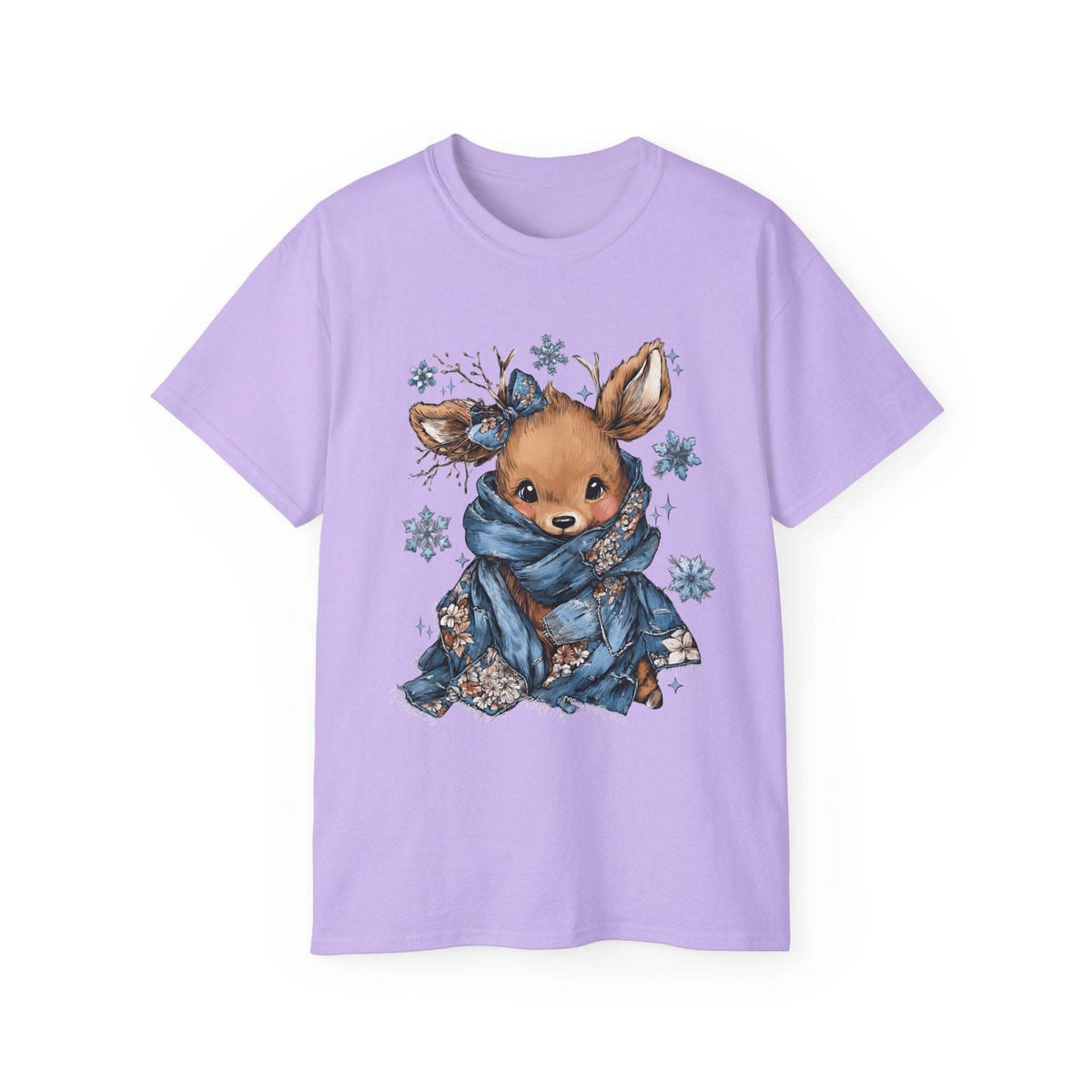 White t-shirt with retro patchwork reindeer design wearing blue scarf and surrounded by snowflakes