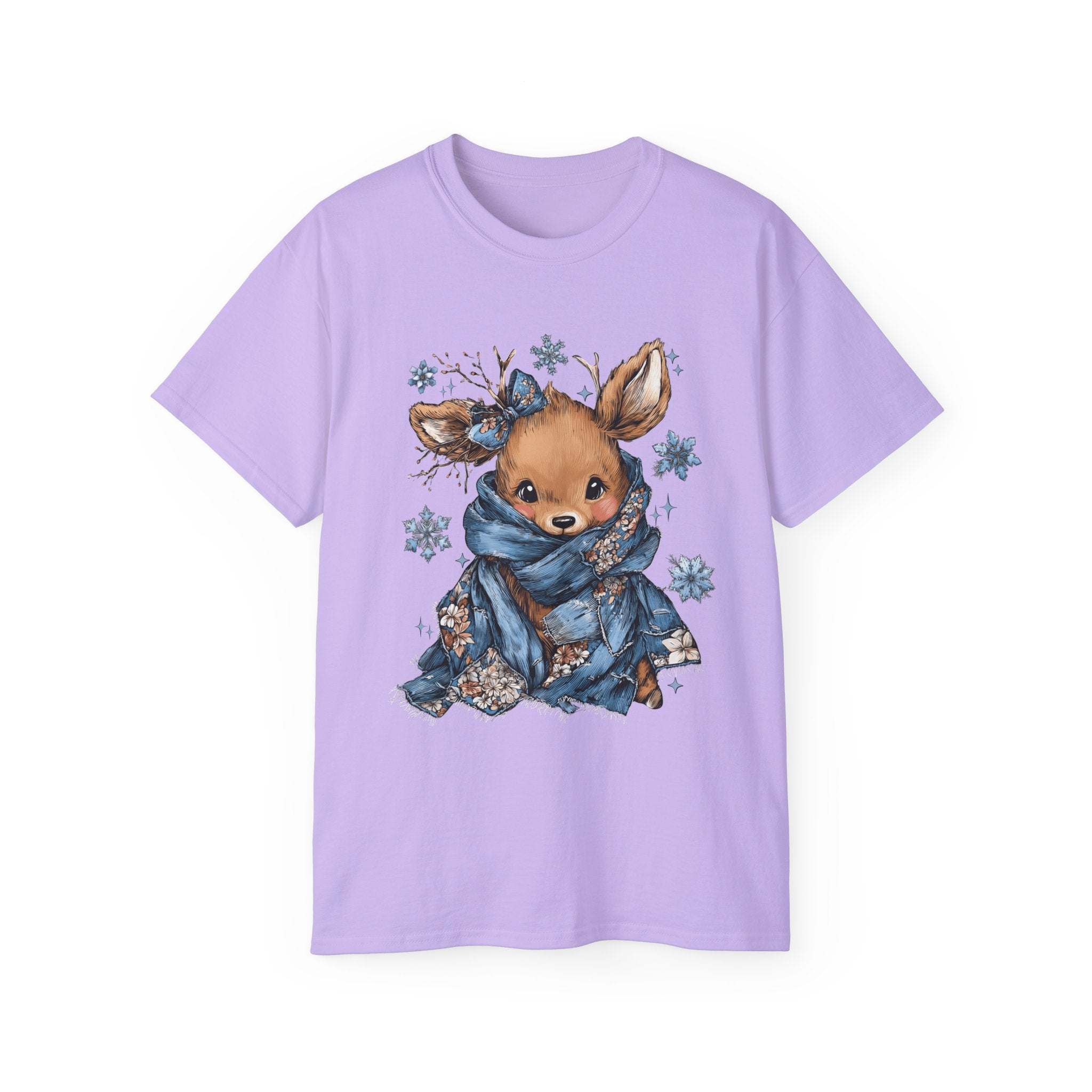 White t-shirt with retro patchwork reindeer design wearing blue scarf and surrounded by snowflakes