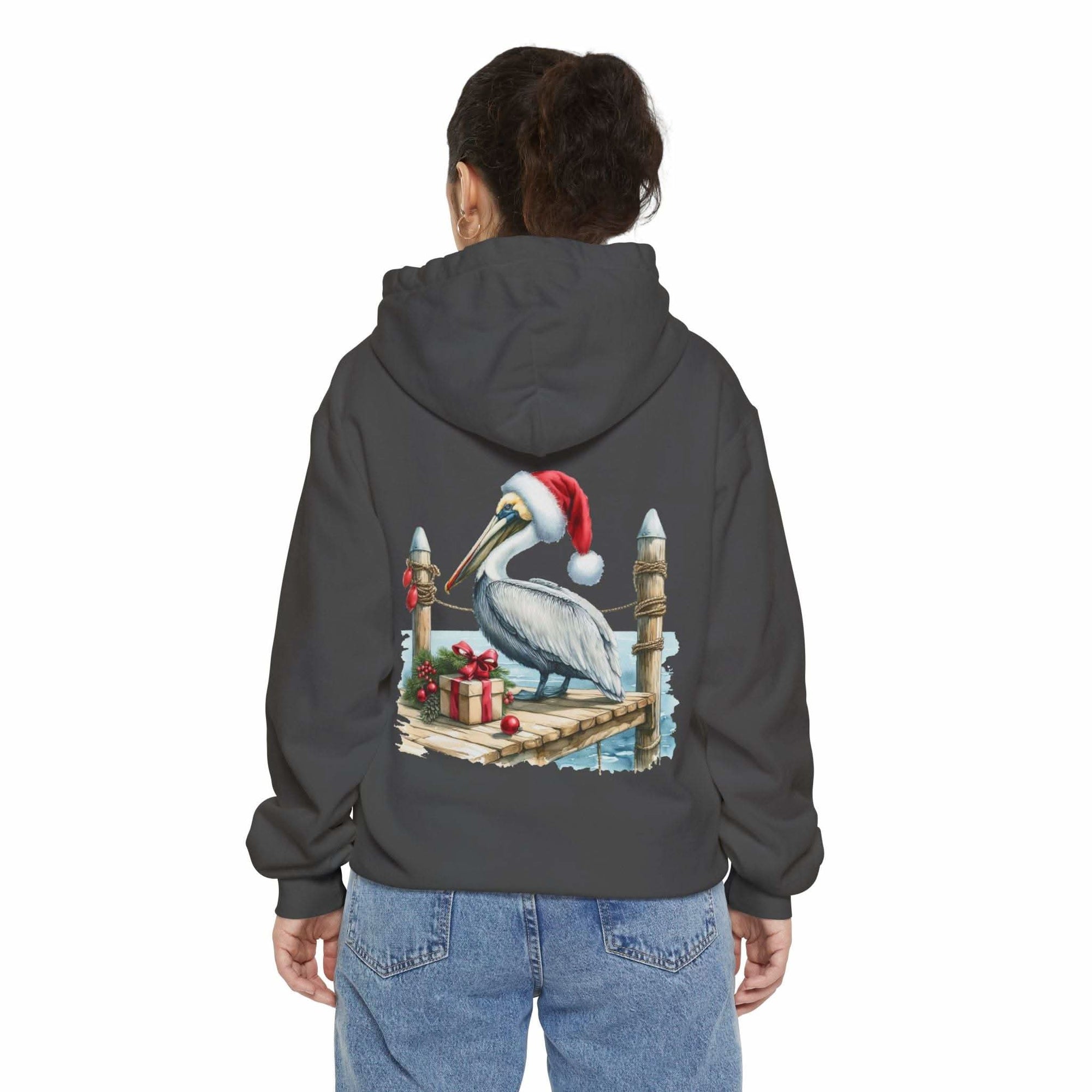 True Navy hoodie featuring a pelican in a Santa hat design by Printify