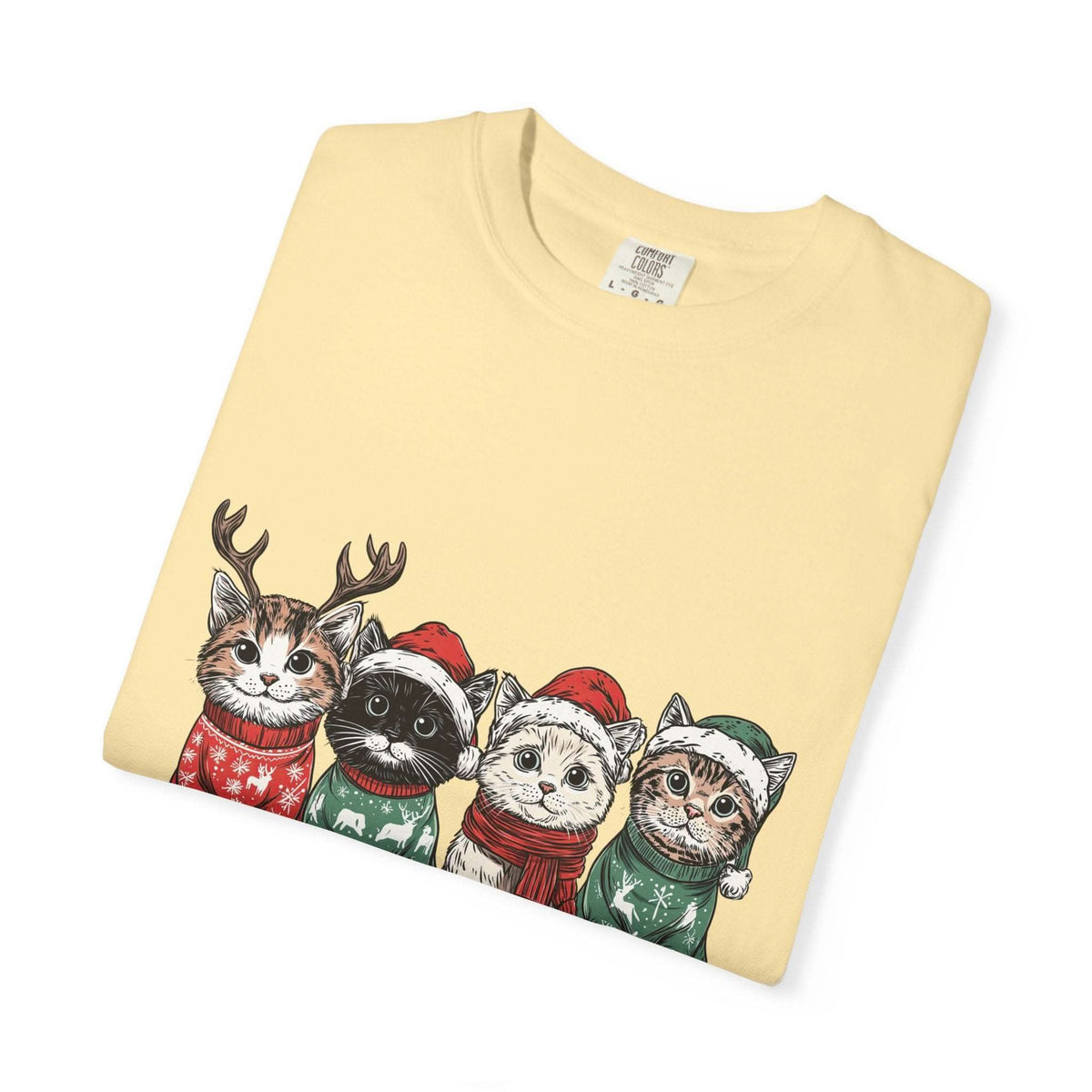 Bay Cat Lover T-shirt with Meowy Christmas design from Printify, perfect festive gift for cat enthusiasts.