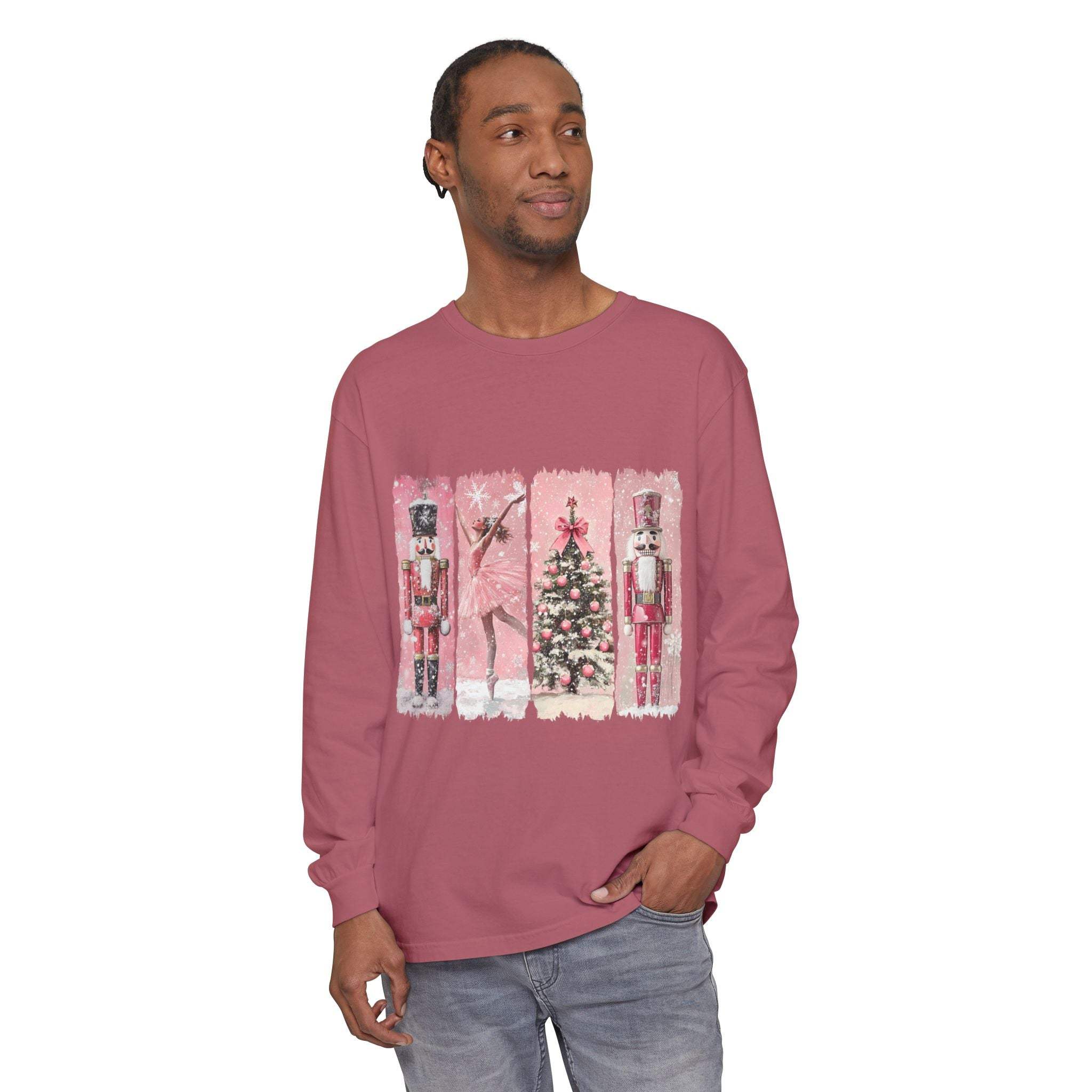 Men's preppy pink watercolor Nutcracker Christmas long sleeve t-shirt with durable hems and ribbed cuffs