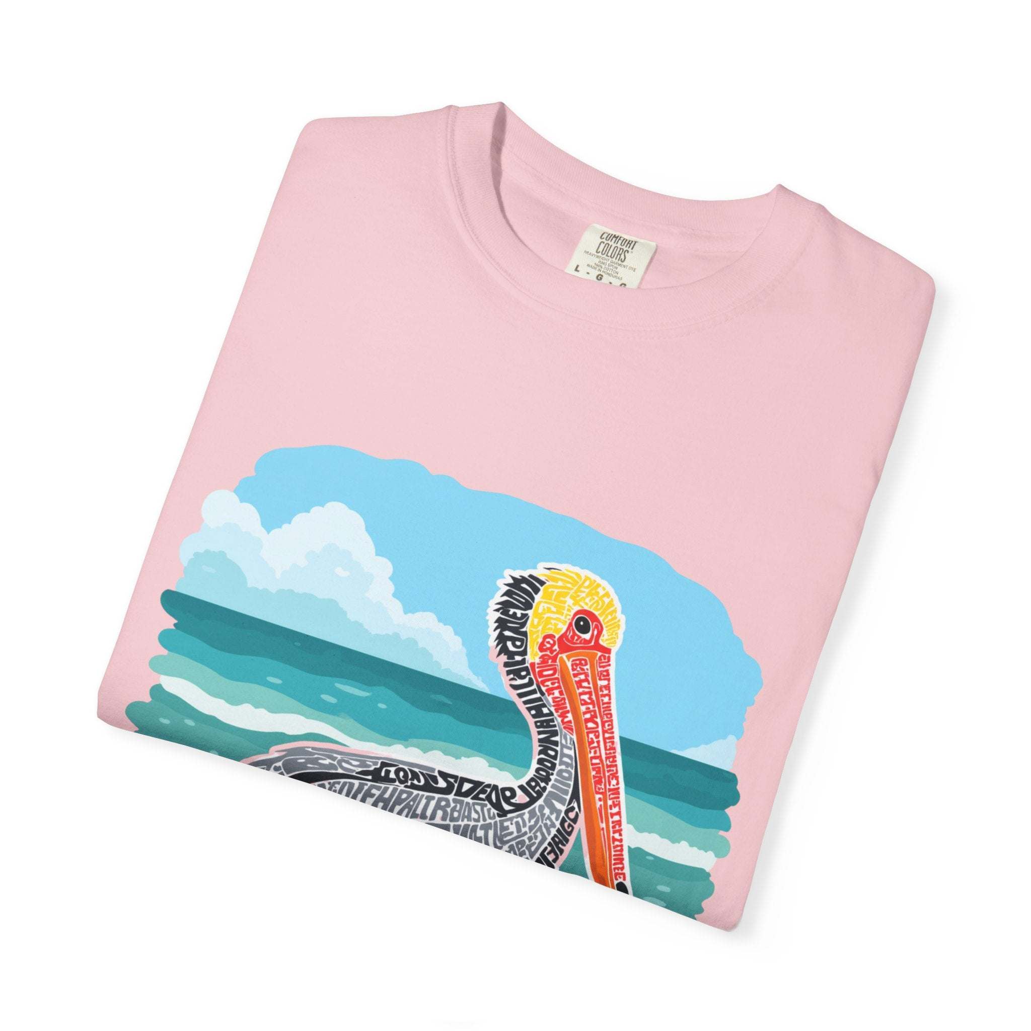 Vintage pelican letter poster graphic tee in muted coastal tones with relaxed fit