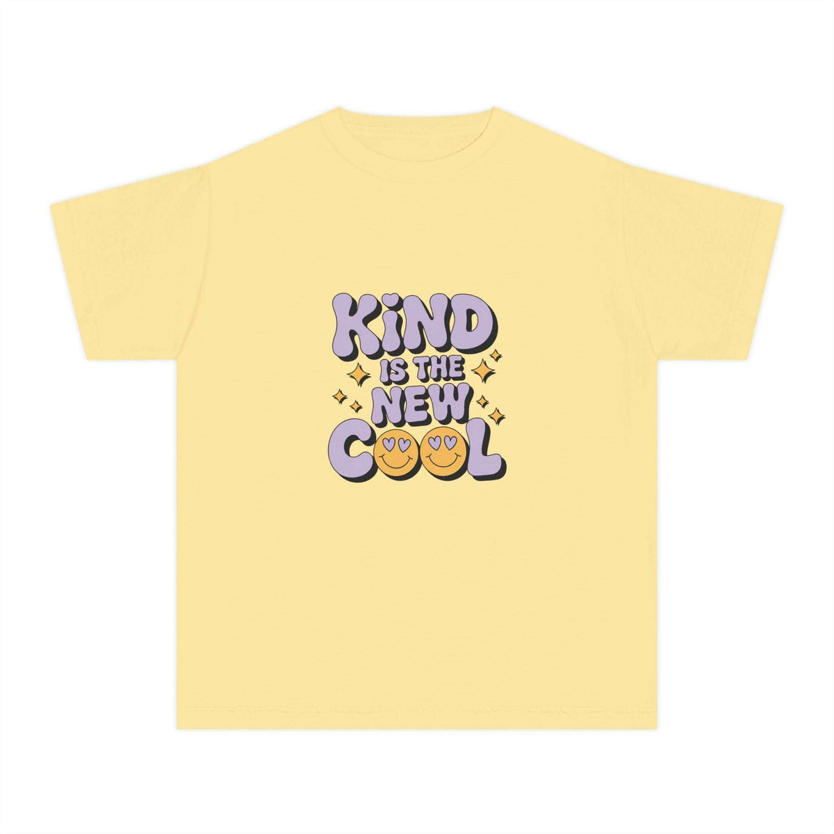 Black youth tee with 'Kind is the new Cool' graphic, casual style by Printify, perfect for back to school.