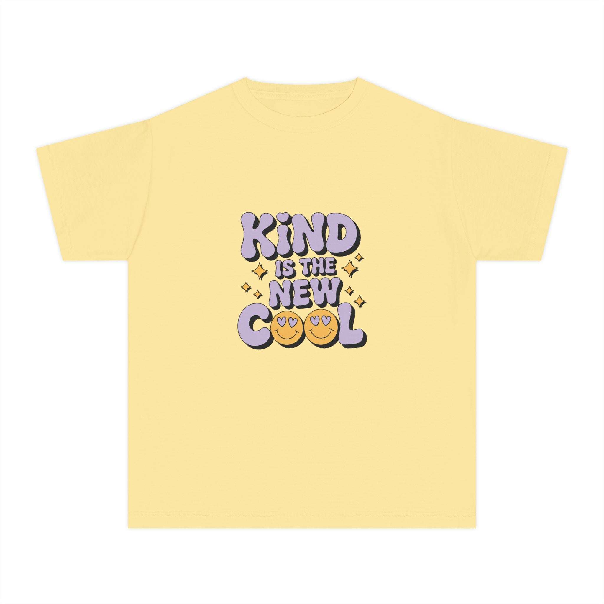 Black youth tee with 'Kind is the new Cool' graphic, casual style by Printify, perfect for back to school.