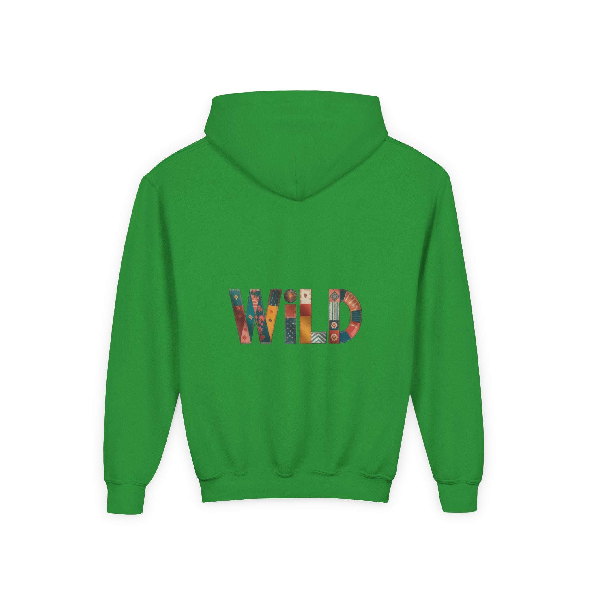 Back view of green Patchwork Wild Word Hoodie with colorful "WILD" text design and kangaroo pocket