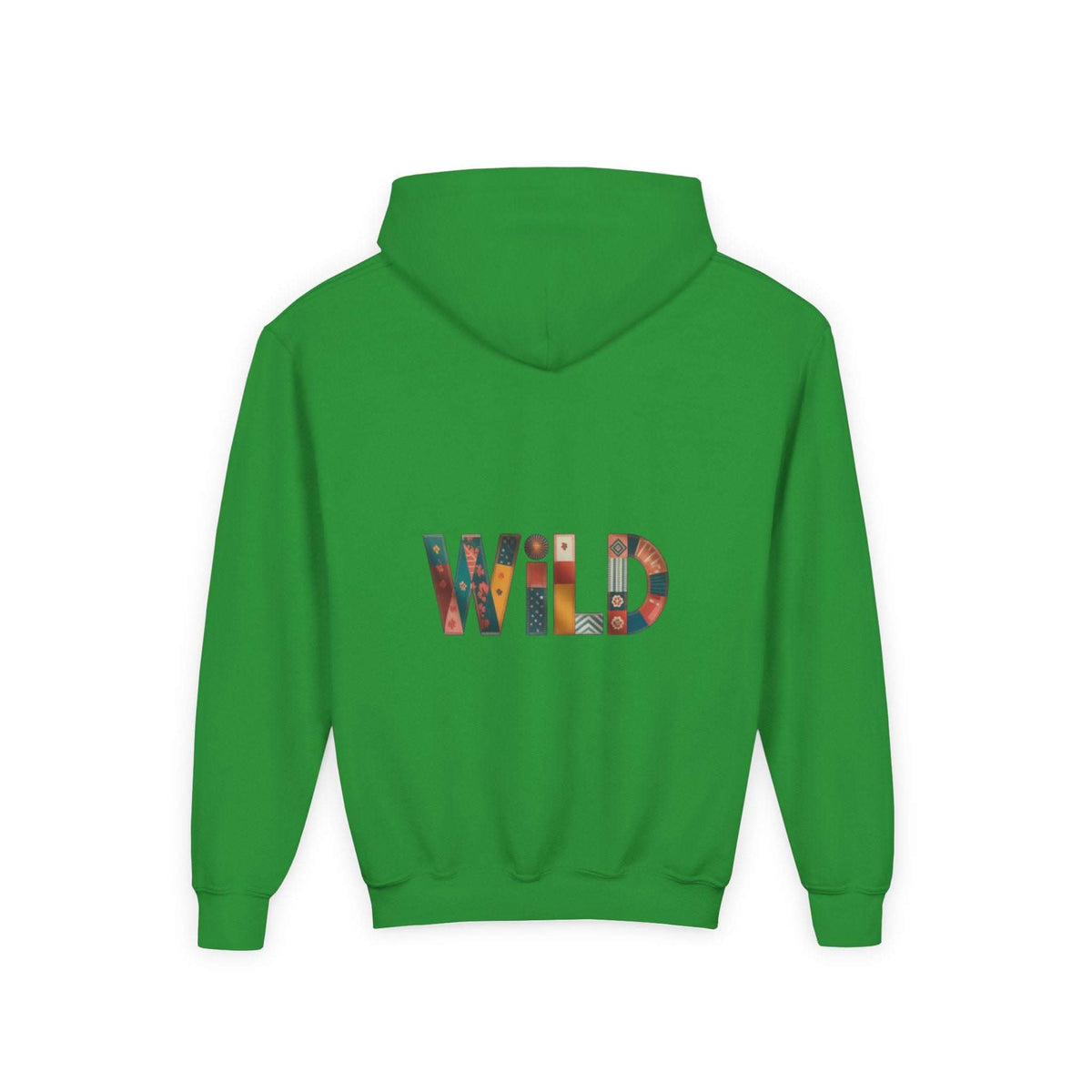 Back view of green Patchwork Wild Word Hoodie with colorful "WILD" text design and kangaroo pocket