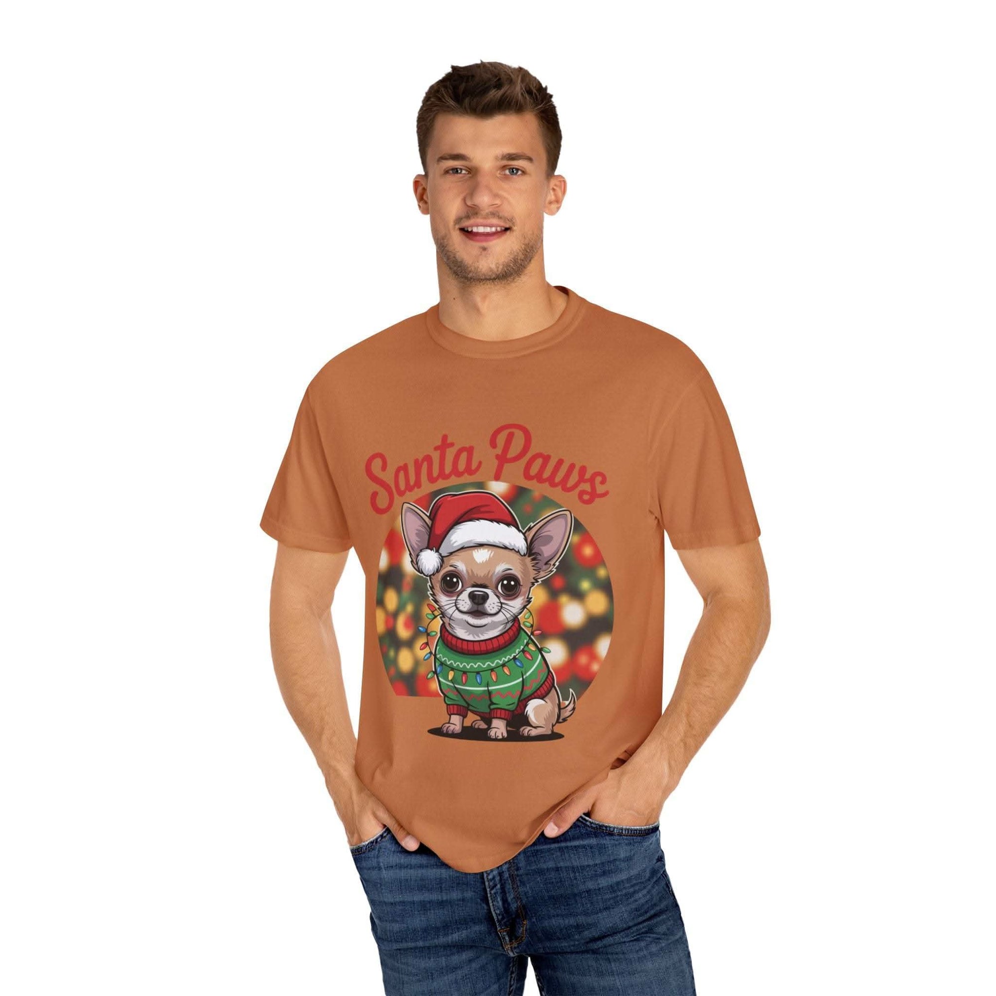 Bay Chihuahua Santa Paws T-Shirt from Printify, festive holiday pet apparel for dog lovers