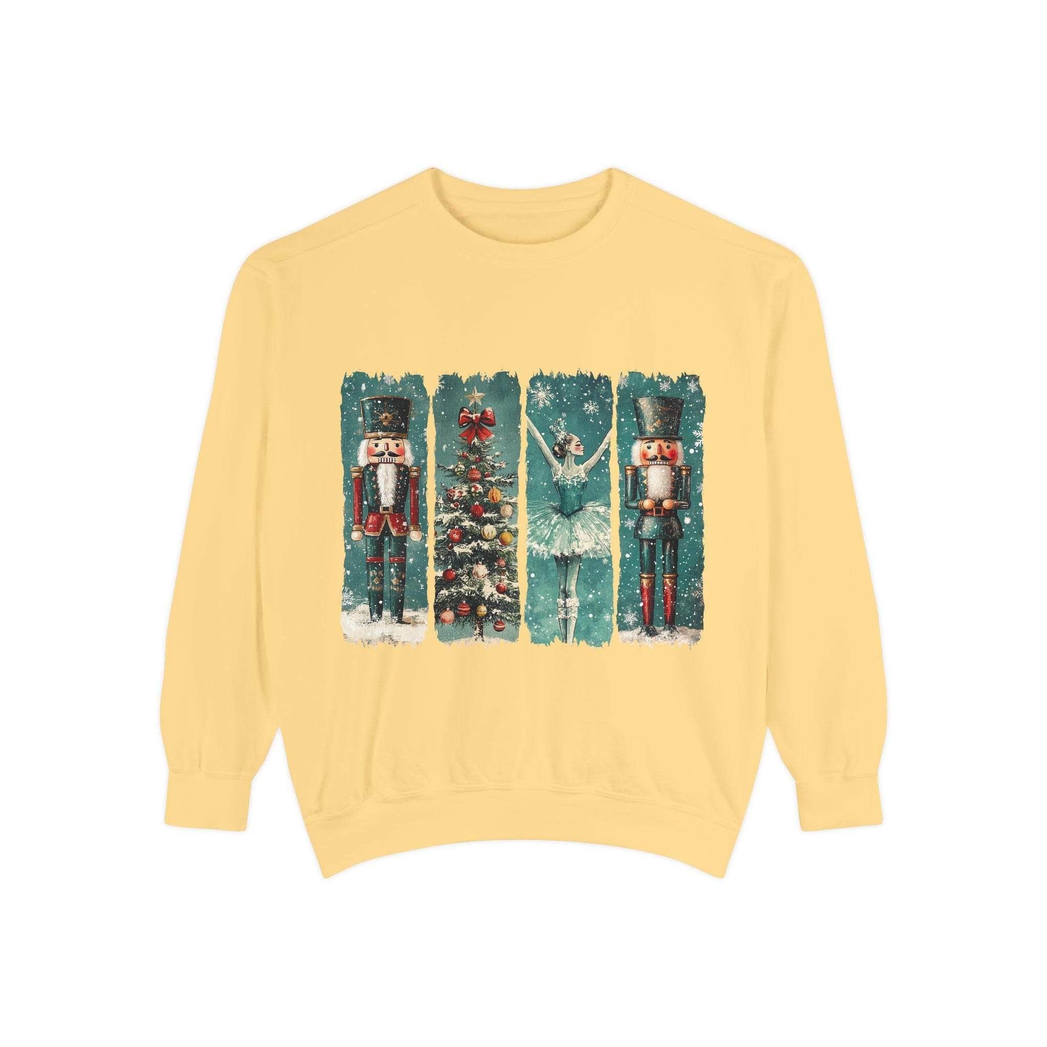 Vintage Christmas Nutcracker sweatshirt with watercolor nutcracker and holiday designs on soft yellow fabric