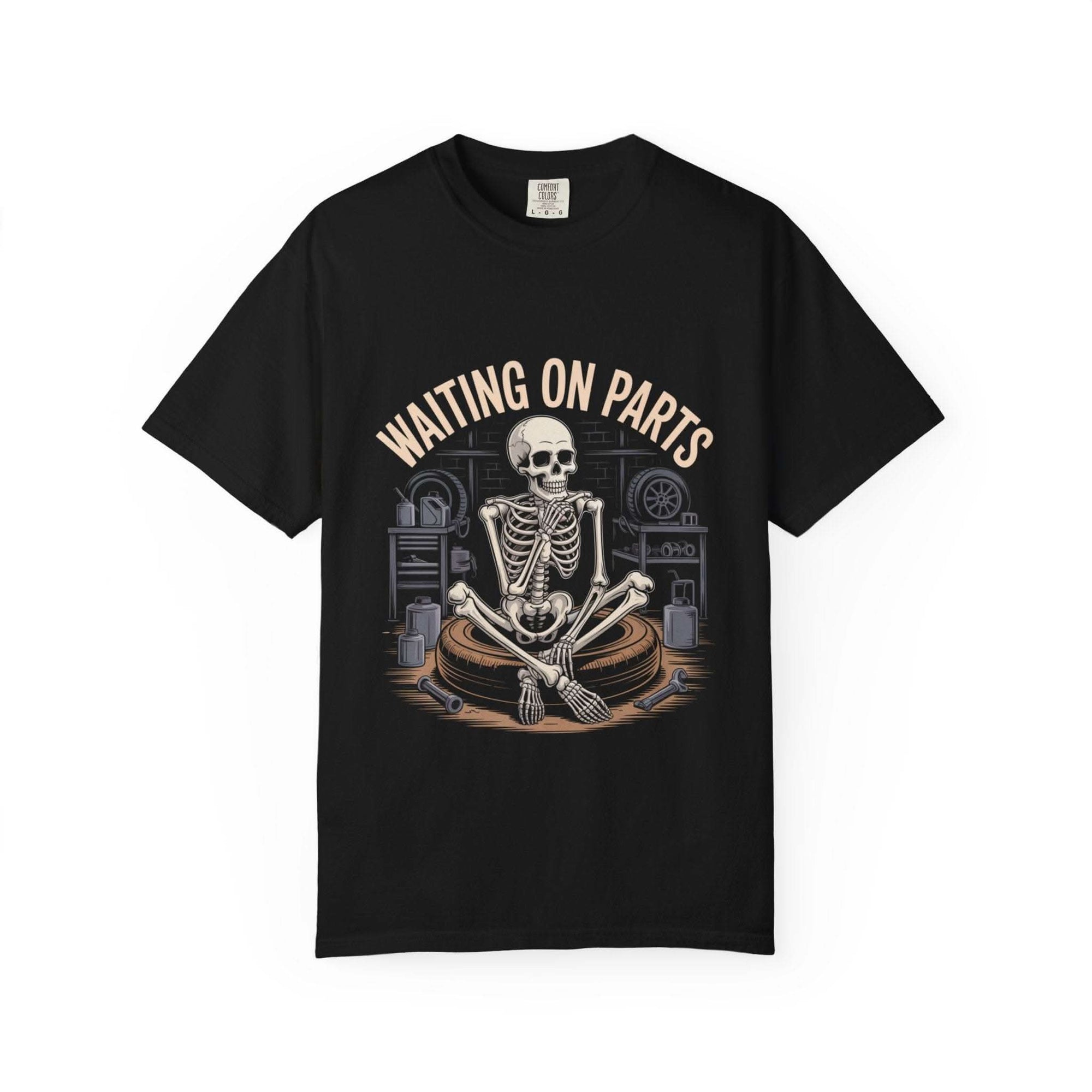 Vintage garment-dyed Waiting on Parts TShirt with faded text, heavy cotton, and relaxed fit for mechanics and makers