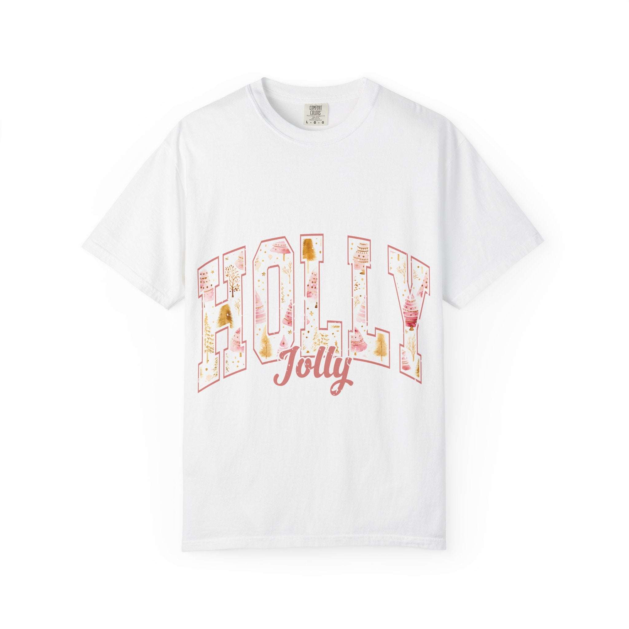 White Varsity Holly Jolly T-shirt with festive text design, garment-dyed 100% cotton unisex tee