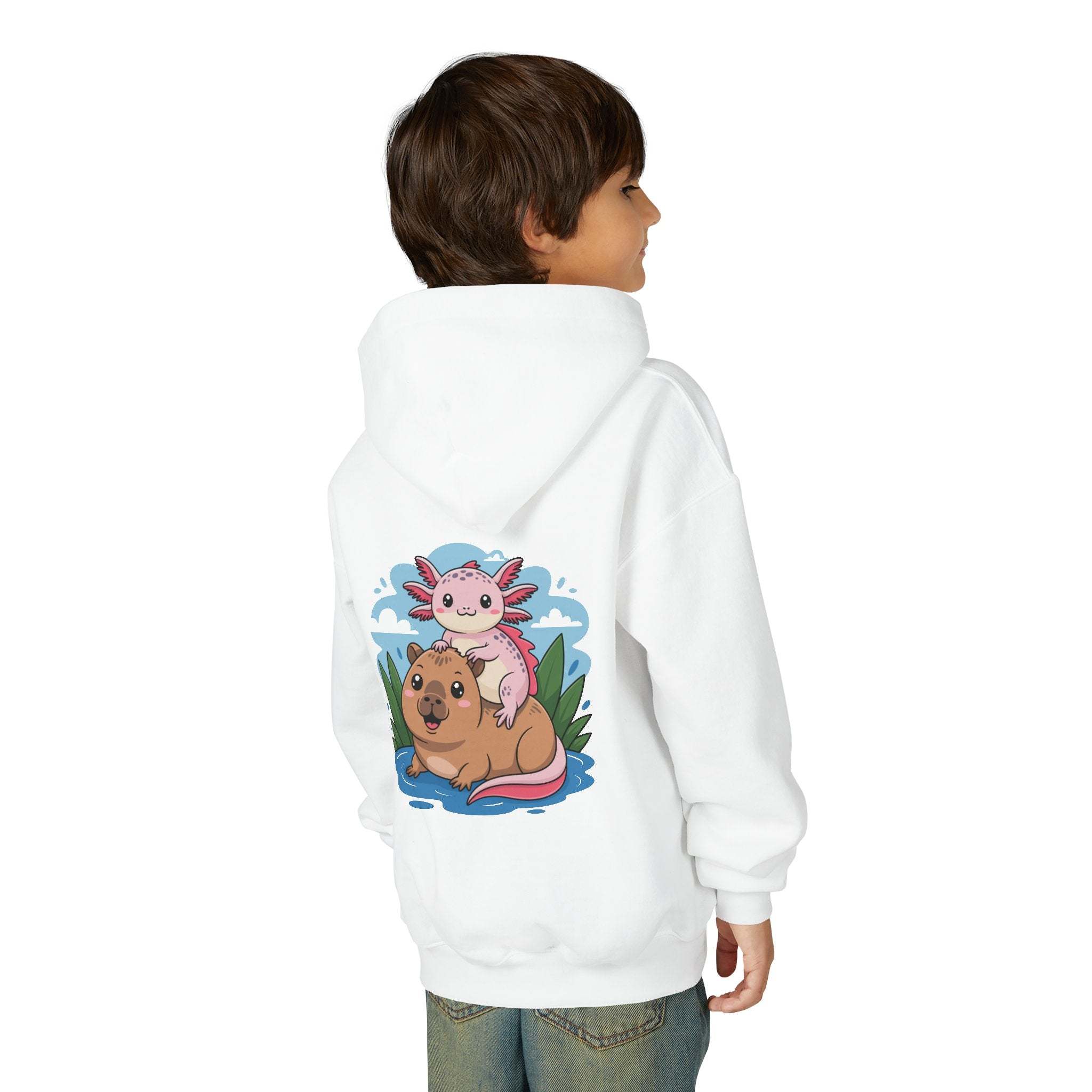 Youth hoodie with axolotl and capybara design, soft cotton-poly blend pullover sweatshirt