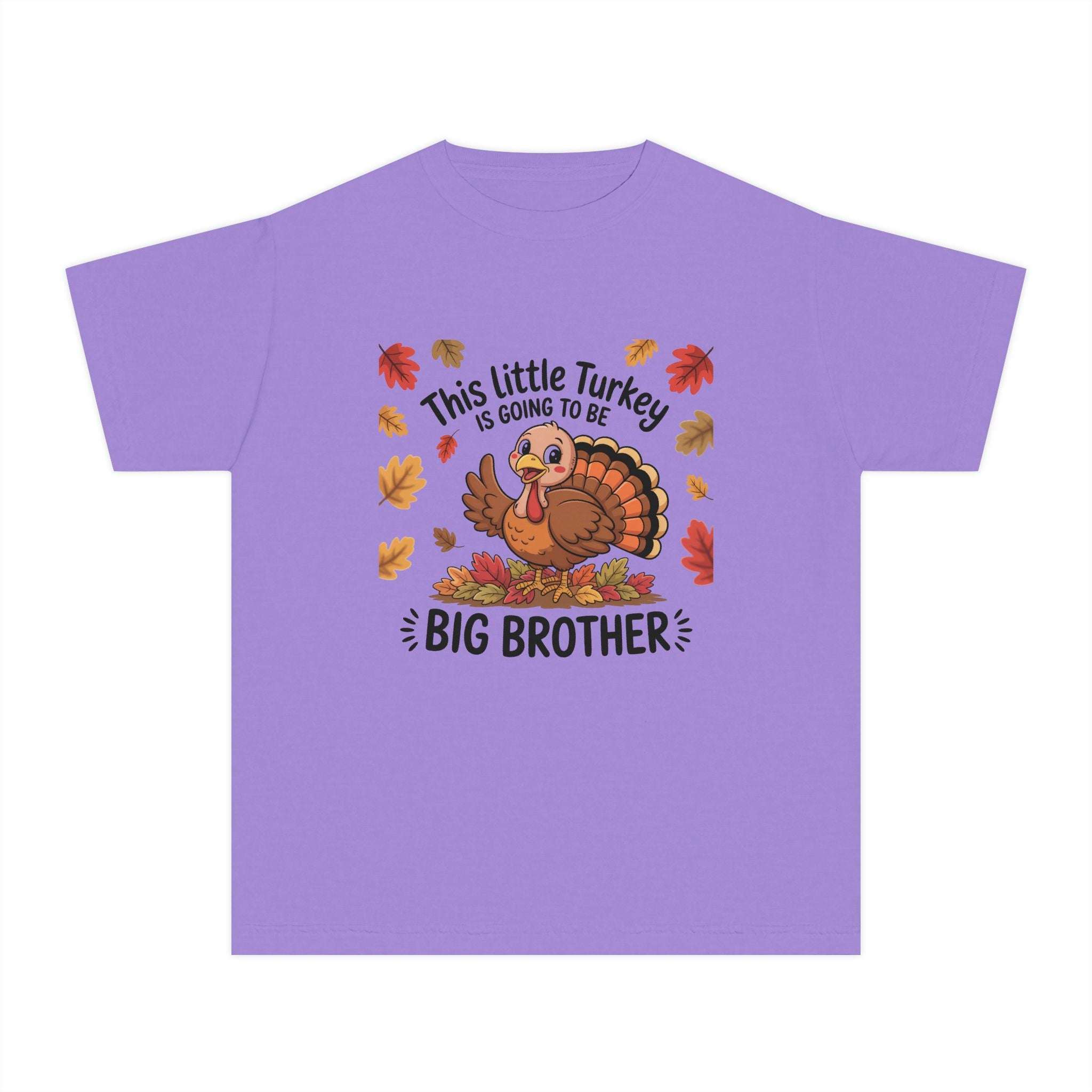 Youth tee Big Brother Thanksgiving shirt with turkey design and autumn leaves on purple fabric