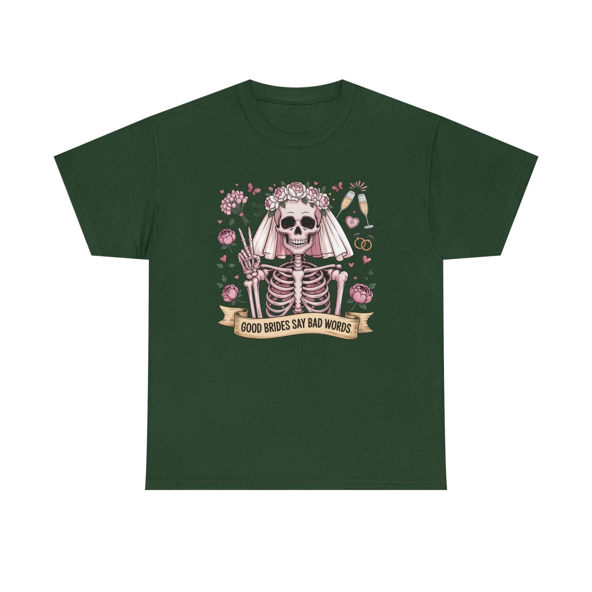 Bride Skull Illustration Tee featuring skeleton bride with roses and humorous banner on white cotton shirt