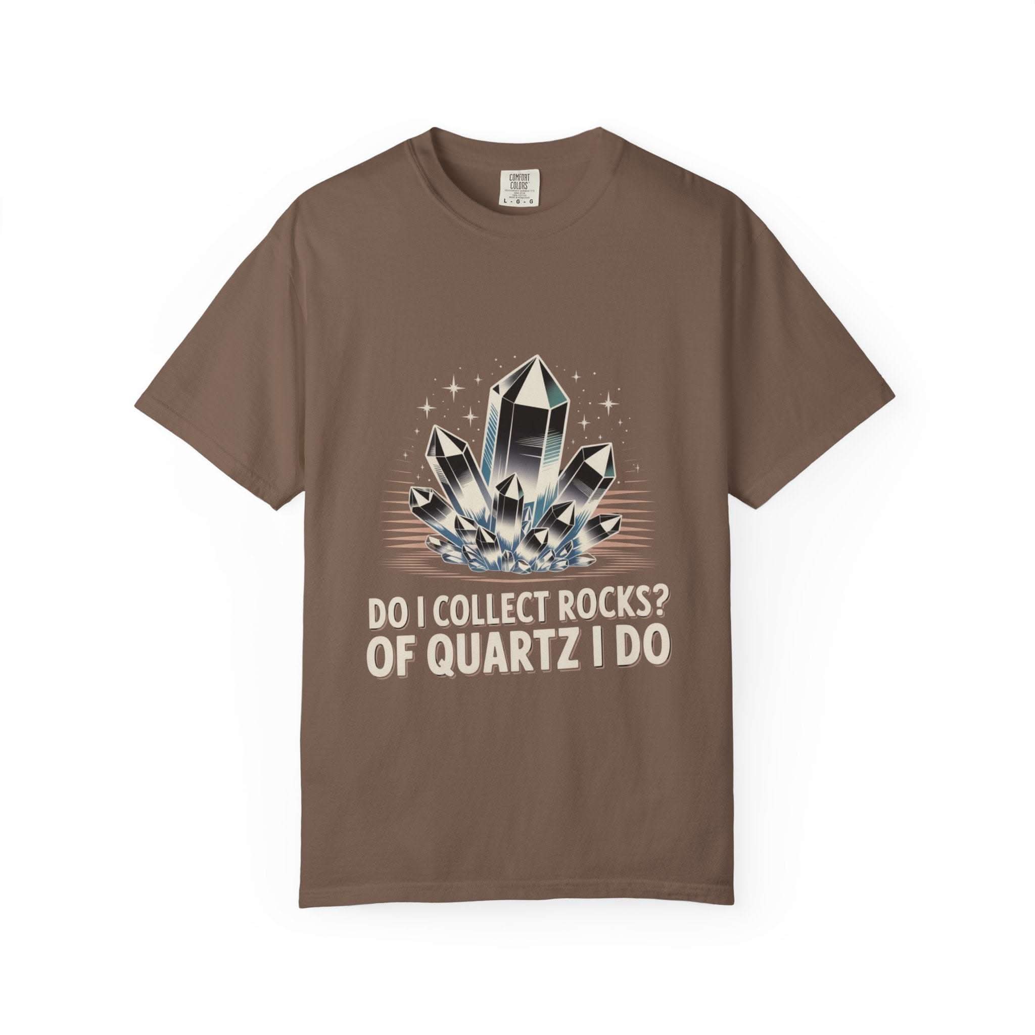 True Navy t-shirt with 'Do I Collect Rocks? Of Quartz I Do' graphic, ideal for rockhounds and mineral lovers.