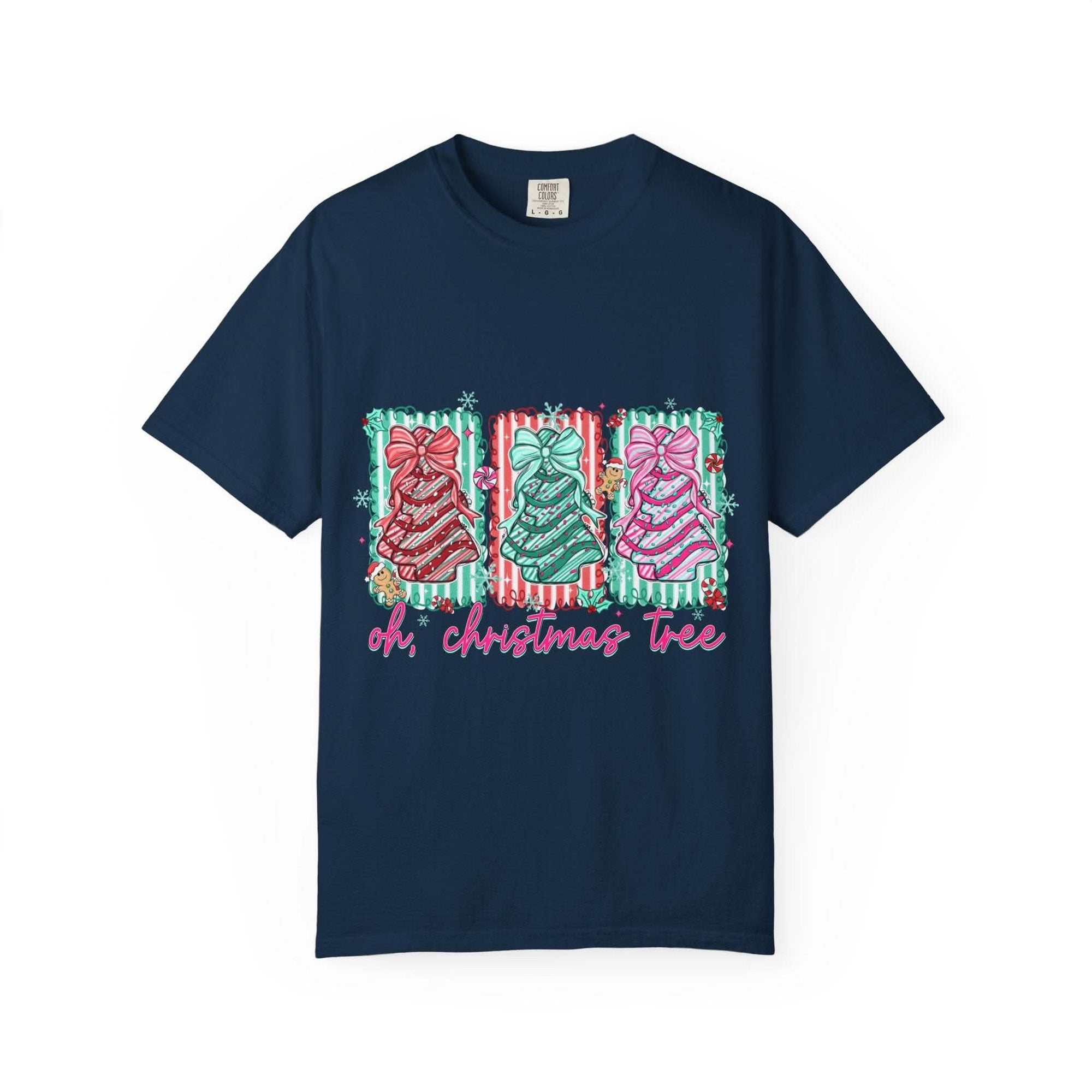 Oh Christmas Tree T-shirt with colorful decorated Christmas trees on cream garment-dyed fabric