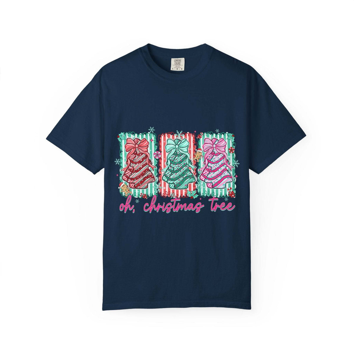 Oh Christmas Tree T-shirt with colorful decorated Christmas trees on cream garment-dyed fabric