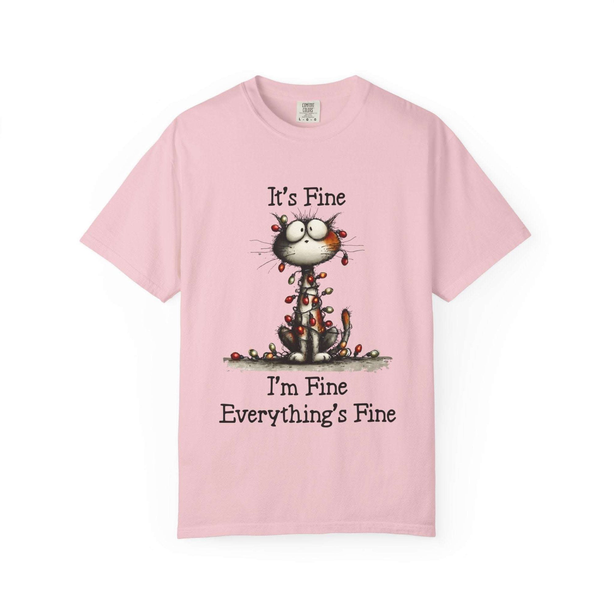 Pink cat T-shirt with "It’s Fine, I’m Fine, Everything’s Fine" text and small cat illustration