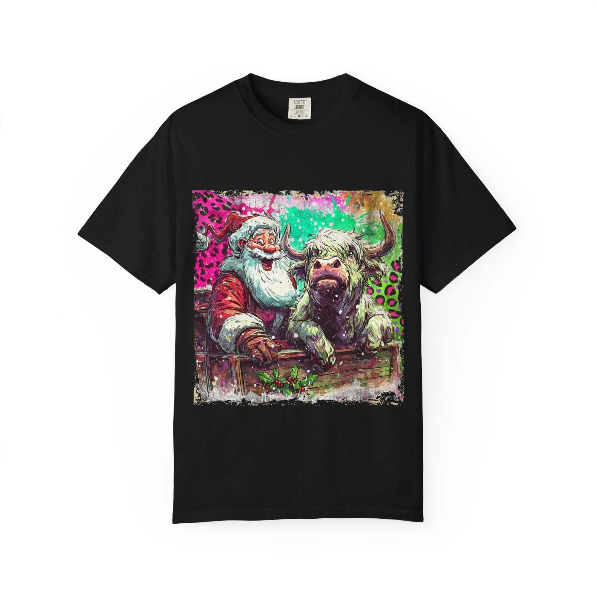 Retro Santa and Highland Cow graphic on a black t-shirt by Printify, perfect for festive holiday wear.