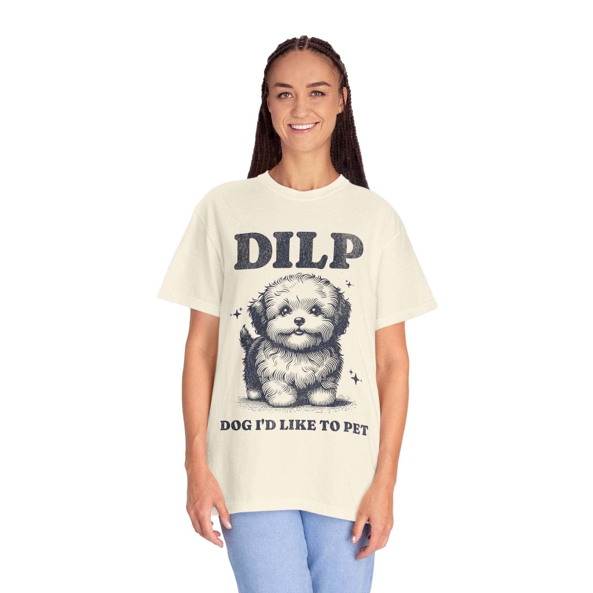 Woman wearing garment-dyed T-shirt with DILP dog graphic and text "Dog I'd Like To Pet"