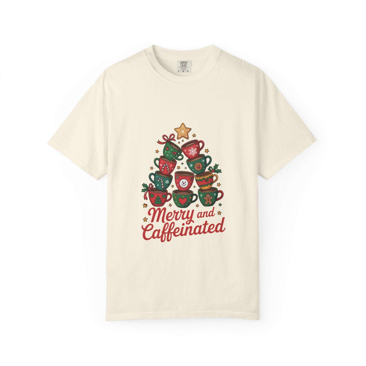 Merry and Caffeinated T-shirt with festive coffee cup design and holiday cheer text