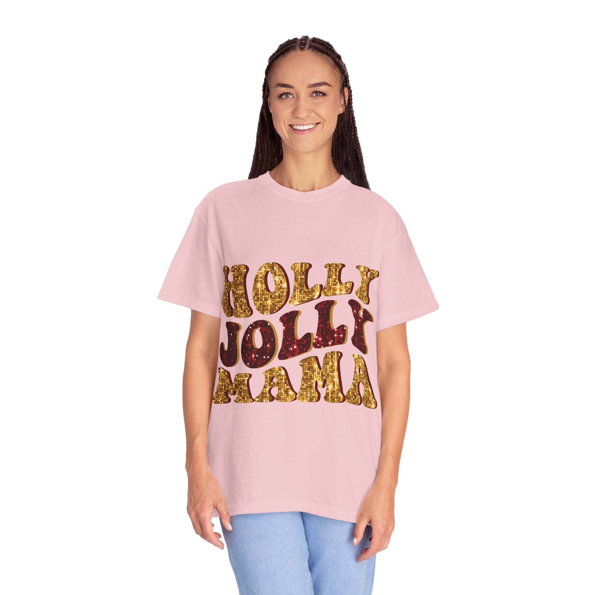 Woman wearing pink Faux Glitter Holly Jolly Mama T-shirt with glittery text on front