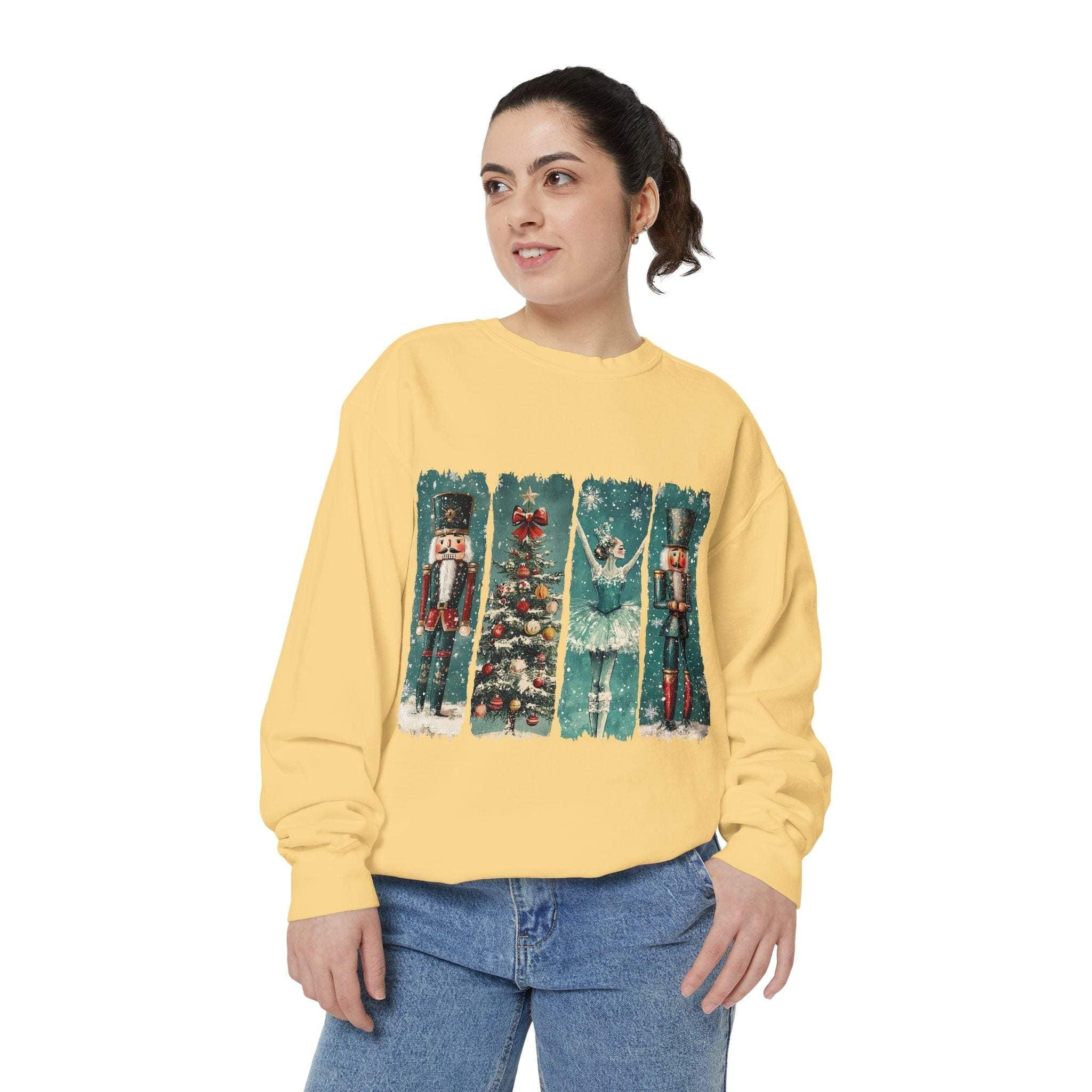 woman wearing vintage Christmas Nutcracker sweatshirt with nutcracker and Christmas tree design