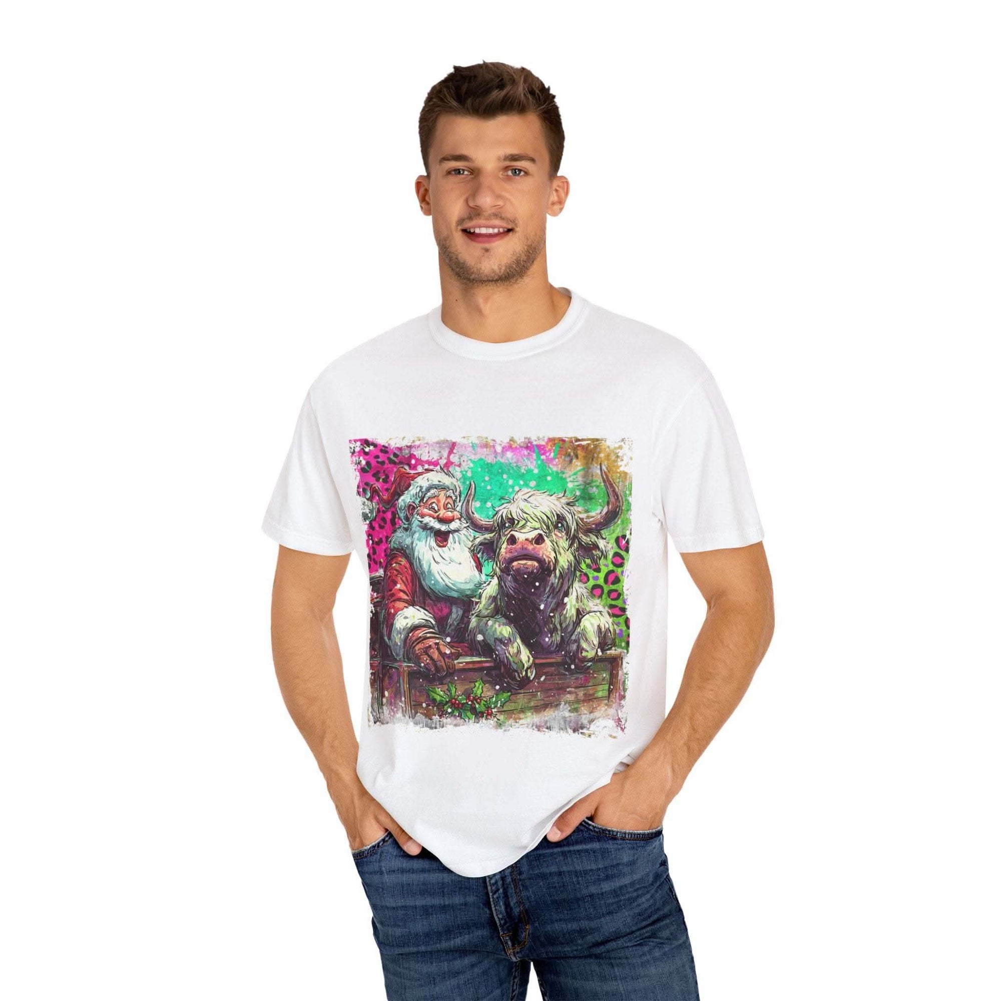 Retro Santa and Highland Cow graphic on a black t-shirt by Printify, perfect for festive holiday wear.
