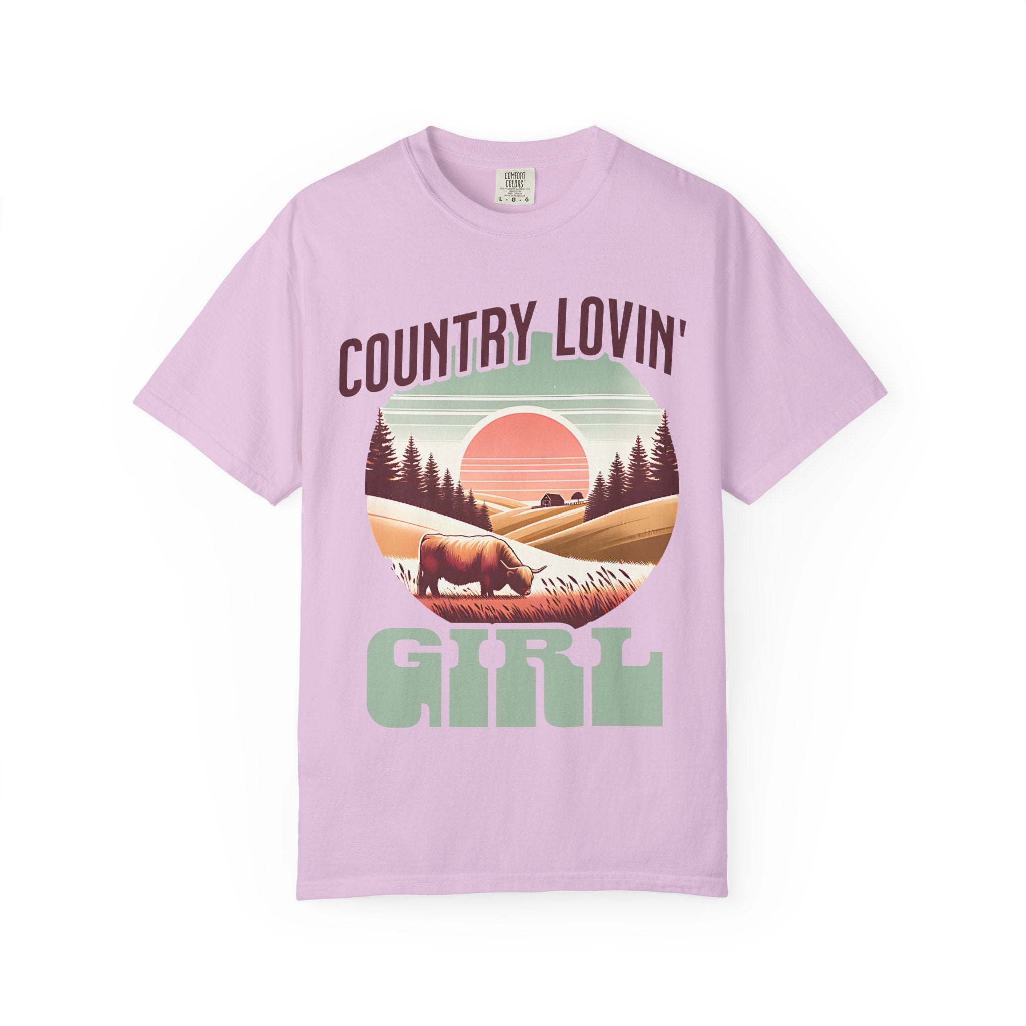 Country Lovin Girl T-shirt with vintage country sunset and cow graphic on lavender cotton tee