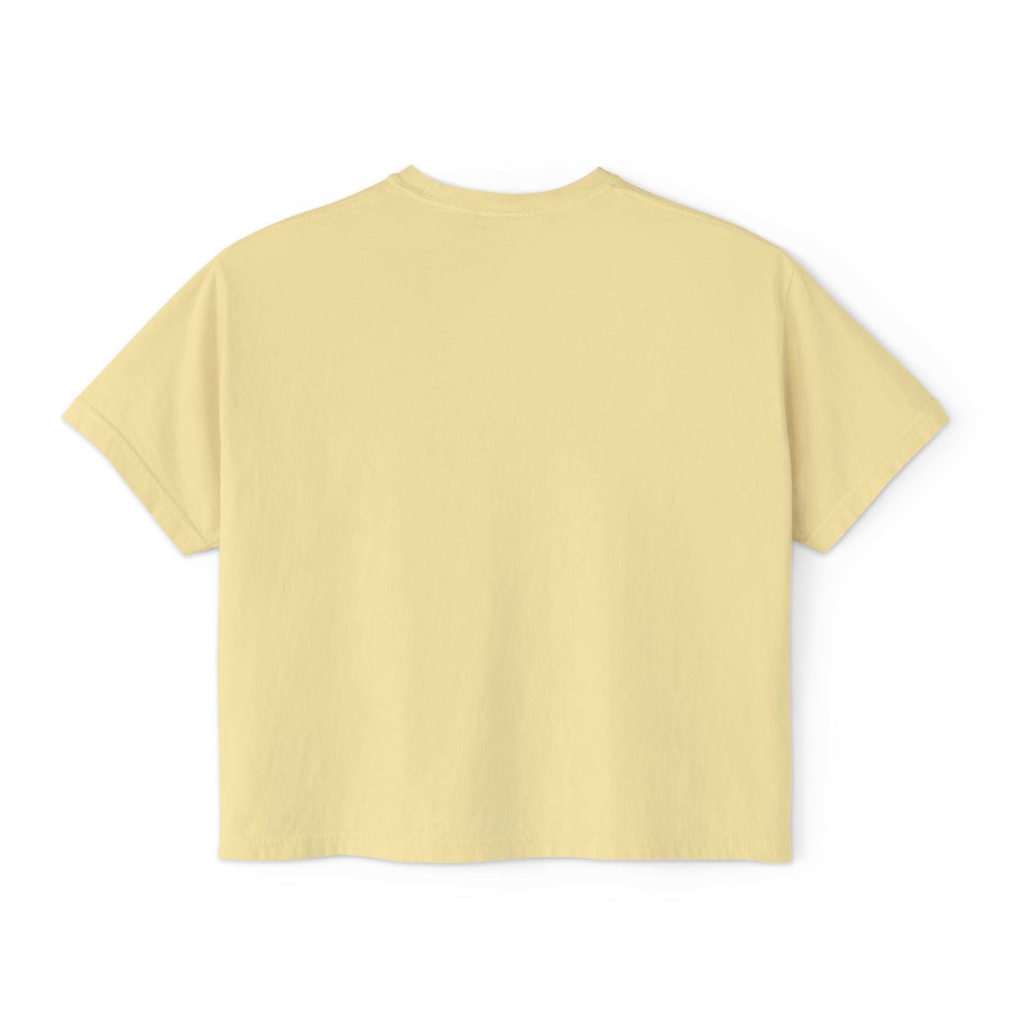 Back view of yellow women's boxy tee with moody girl highland cow design, casual and vintage style