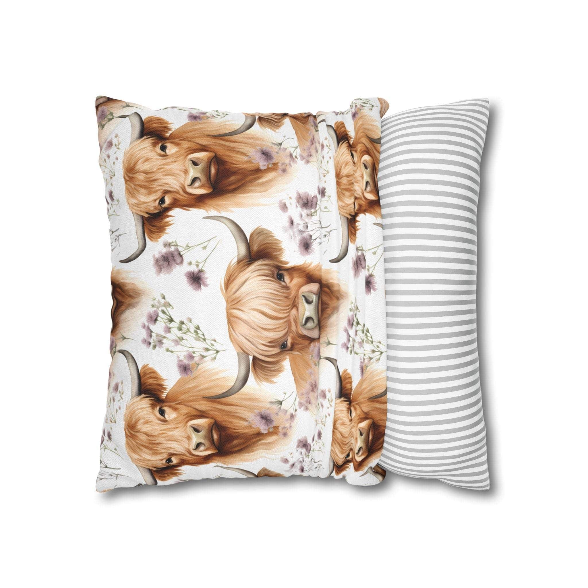 Floral Highland Cow square pillowcase with delicate blooms and long-haired cow design