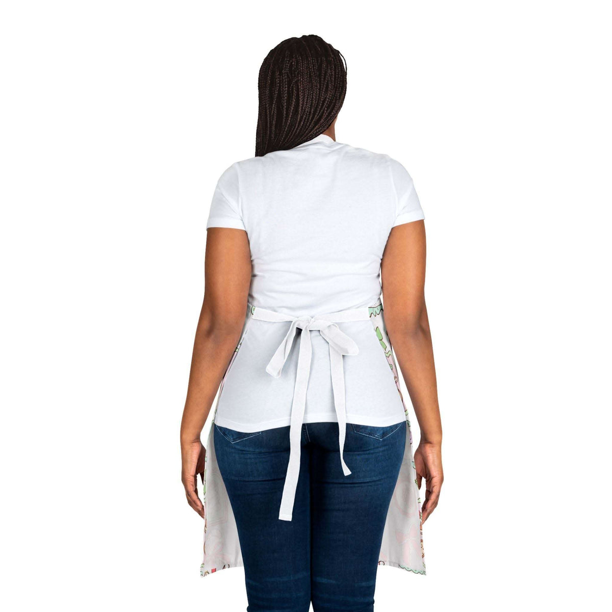 Woman wearing Retro Christmas Frames apron with tie-back closure seen from behind