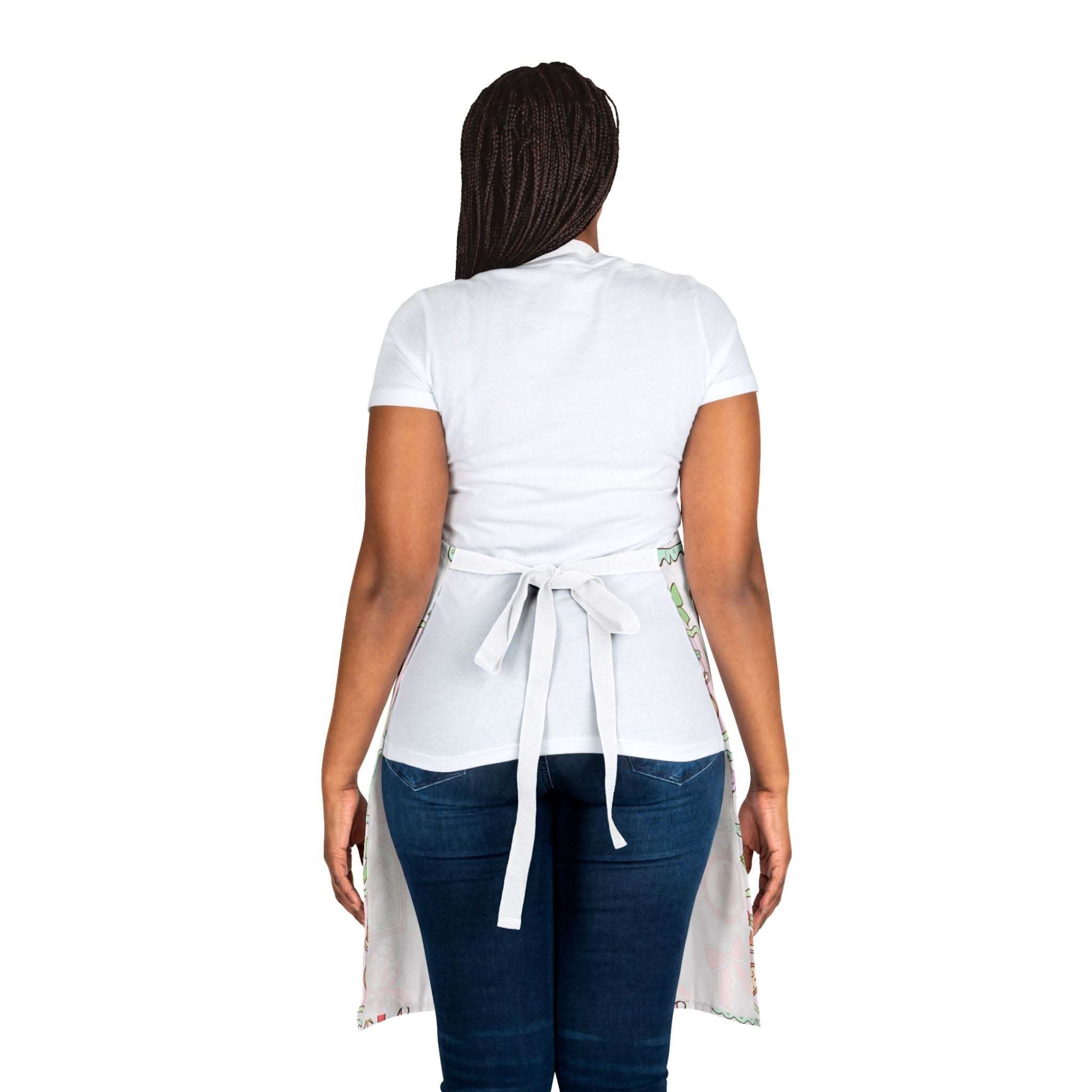Woman wearing Retro Christmas Frames apron with tie-back closure seen from behind