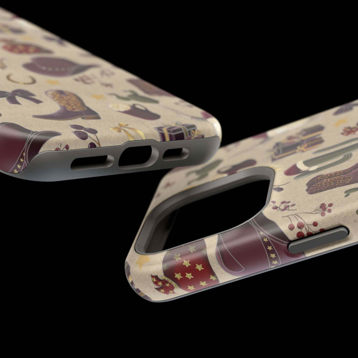 Cowboy Christmas design phone case for iPhone 17 in glossy finish by Printify, featuring festive colors and patterns.