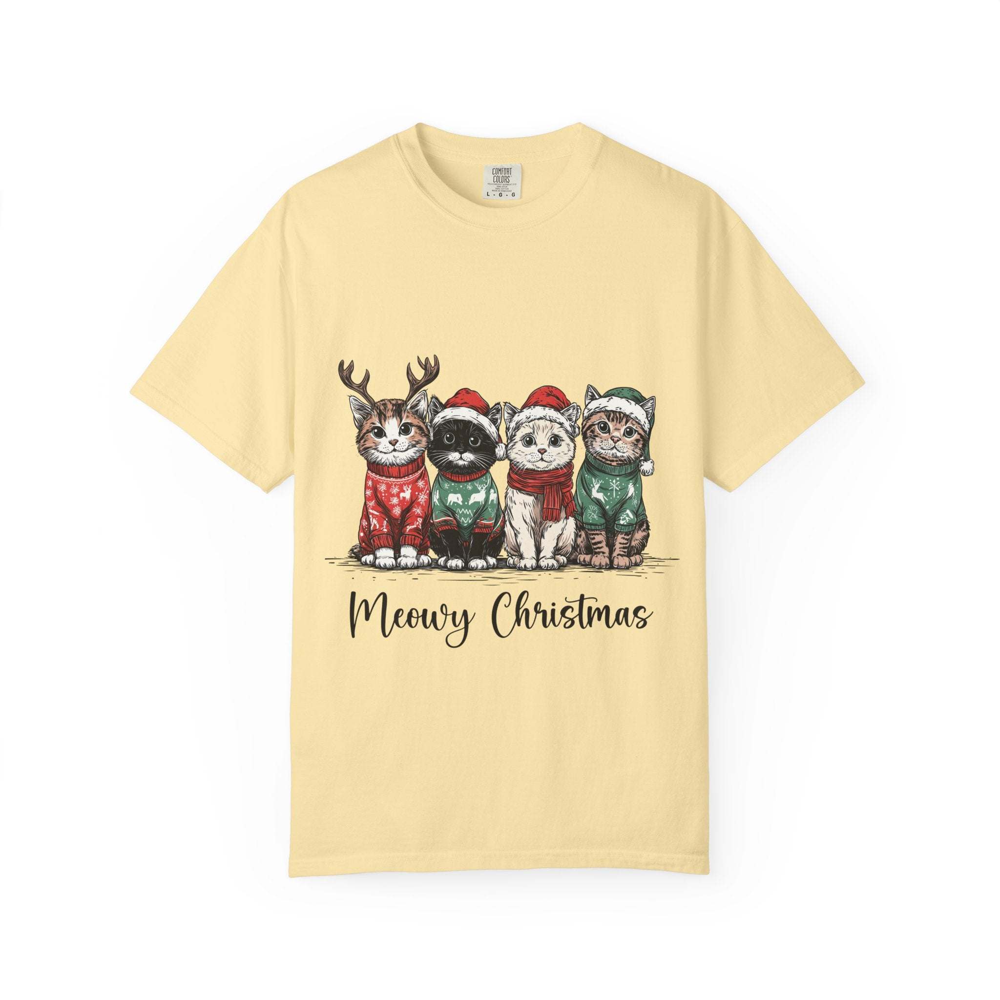 Bay Cat Lover T-shirt with Meowy Christmas design from Printify, perfect festive gift for cat enthusiasts.