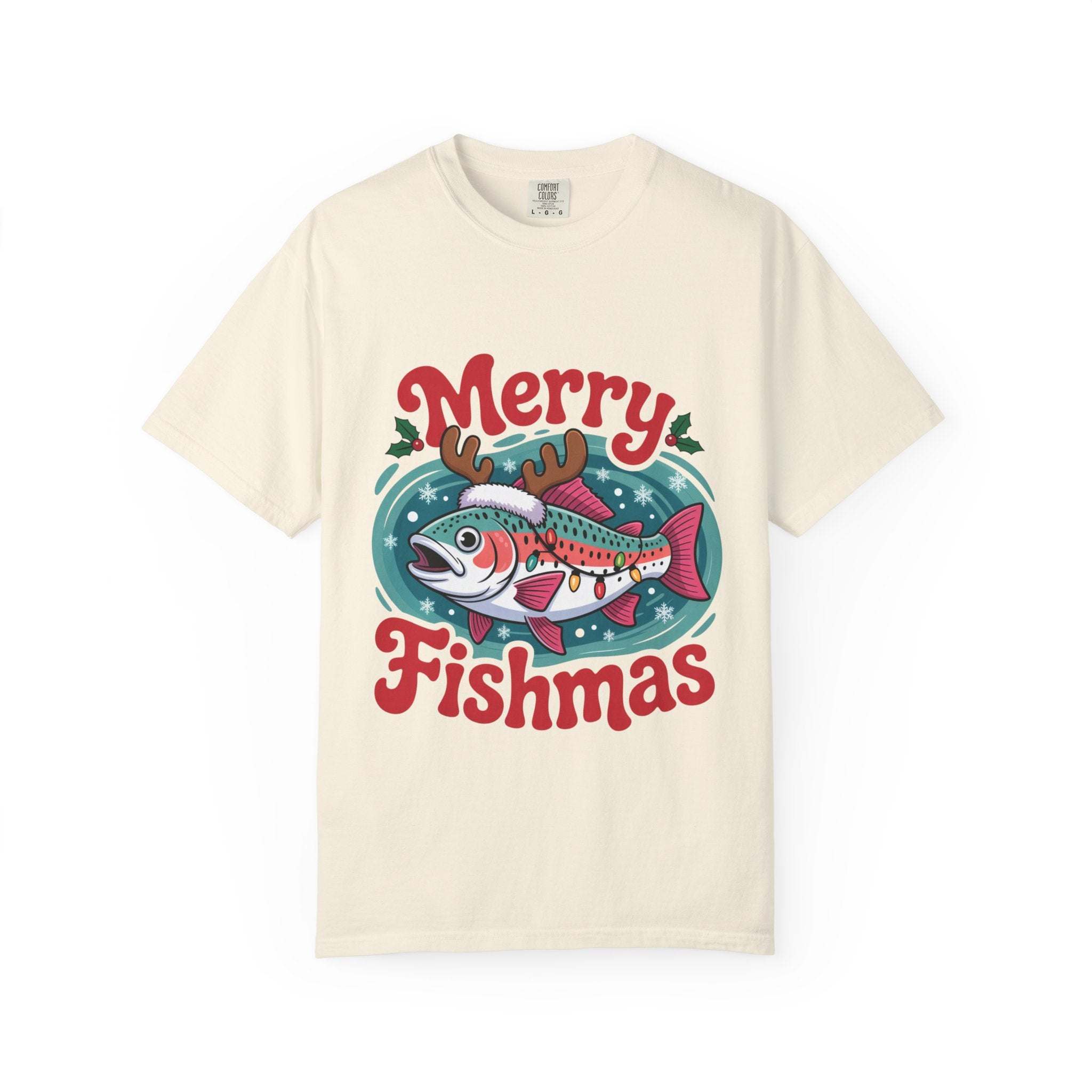 True Navy garment-dyed t-shirt with Merry Fishmas design for fishing enthusiasts by Printify