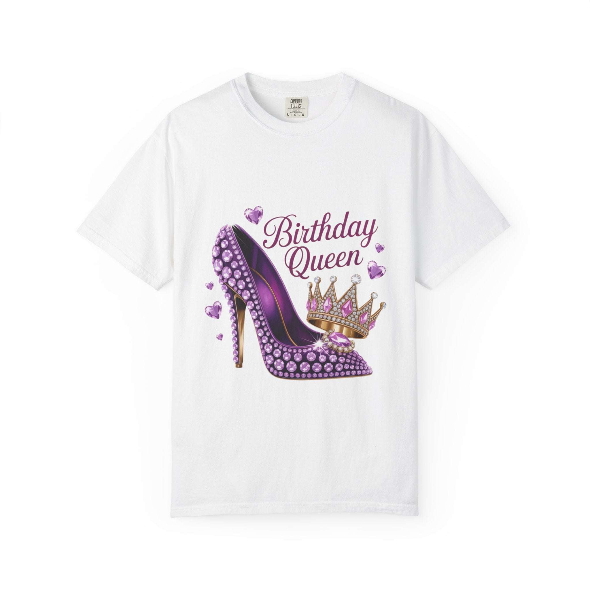 Black cotton t-shirt featuring 'Birthday Queen' text, stylish high heel graphic, by Printify.