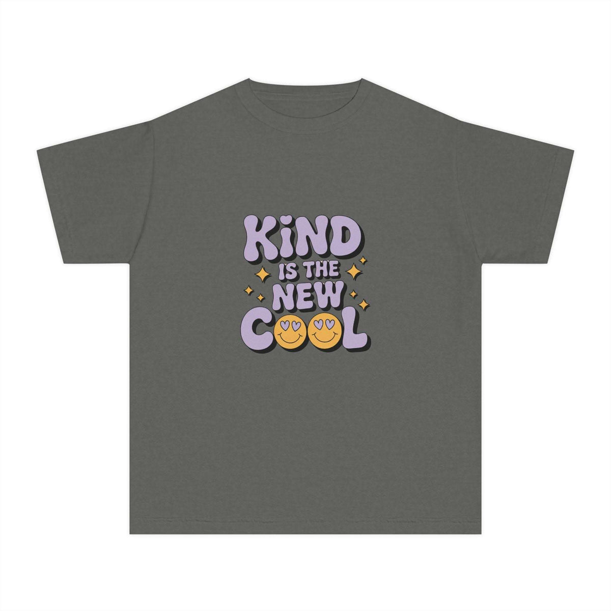 Black youth tee with 'Kind is the new Cool' graphic by Printify, perfect for back to school.