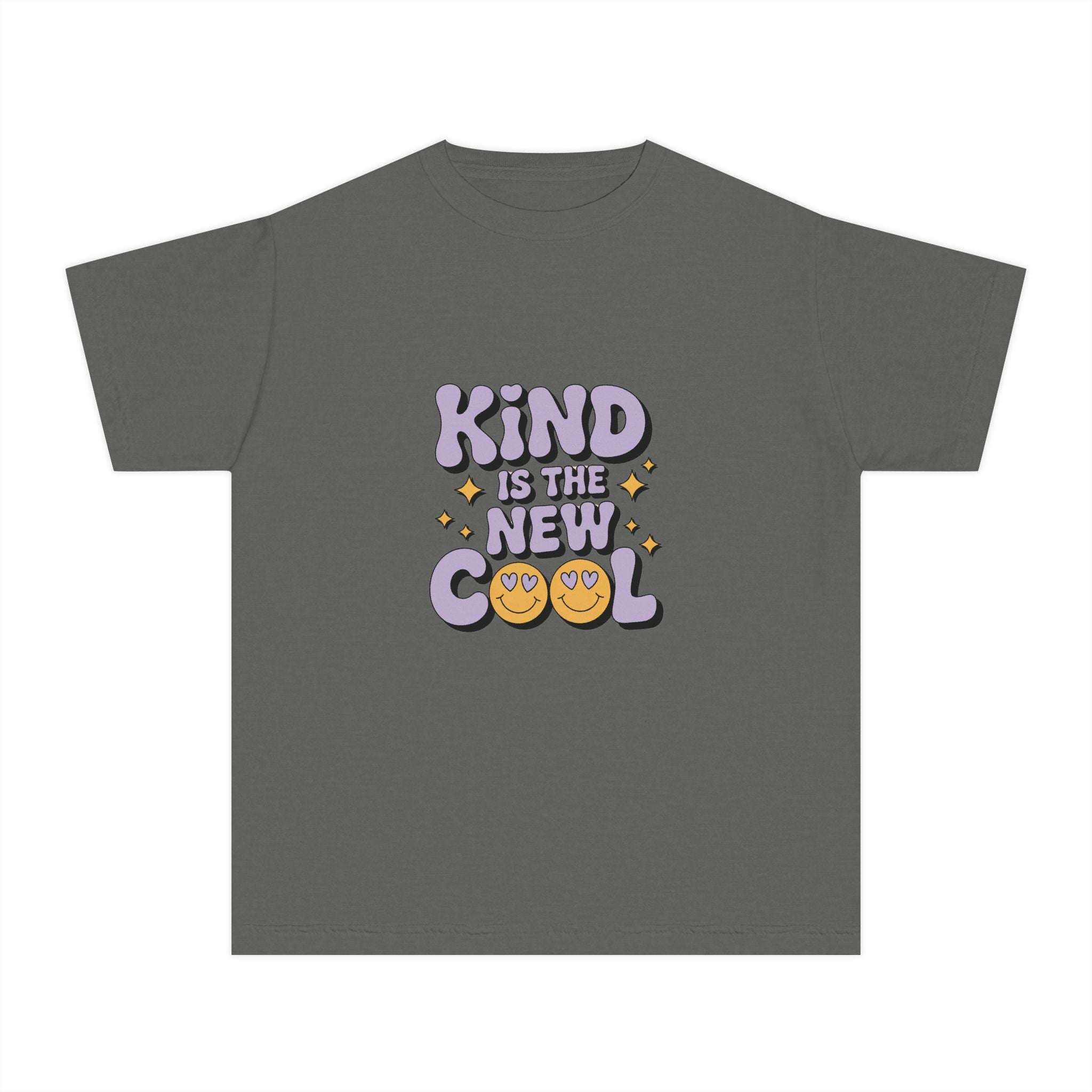 Black youth tee with 'Kind is the new Cool' graphic by Printify, perfect for back to school.