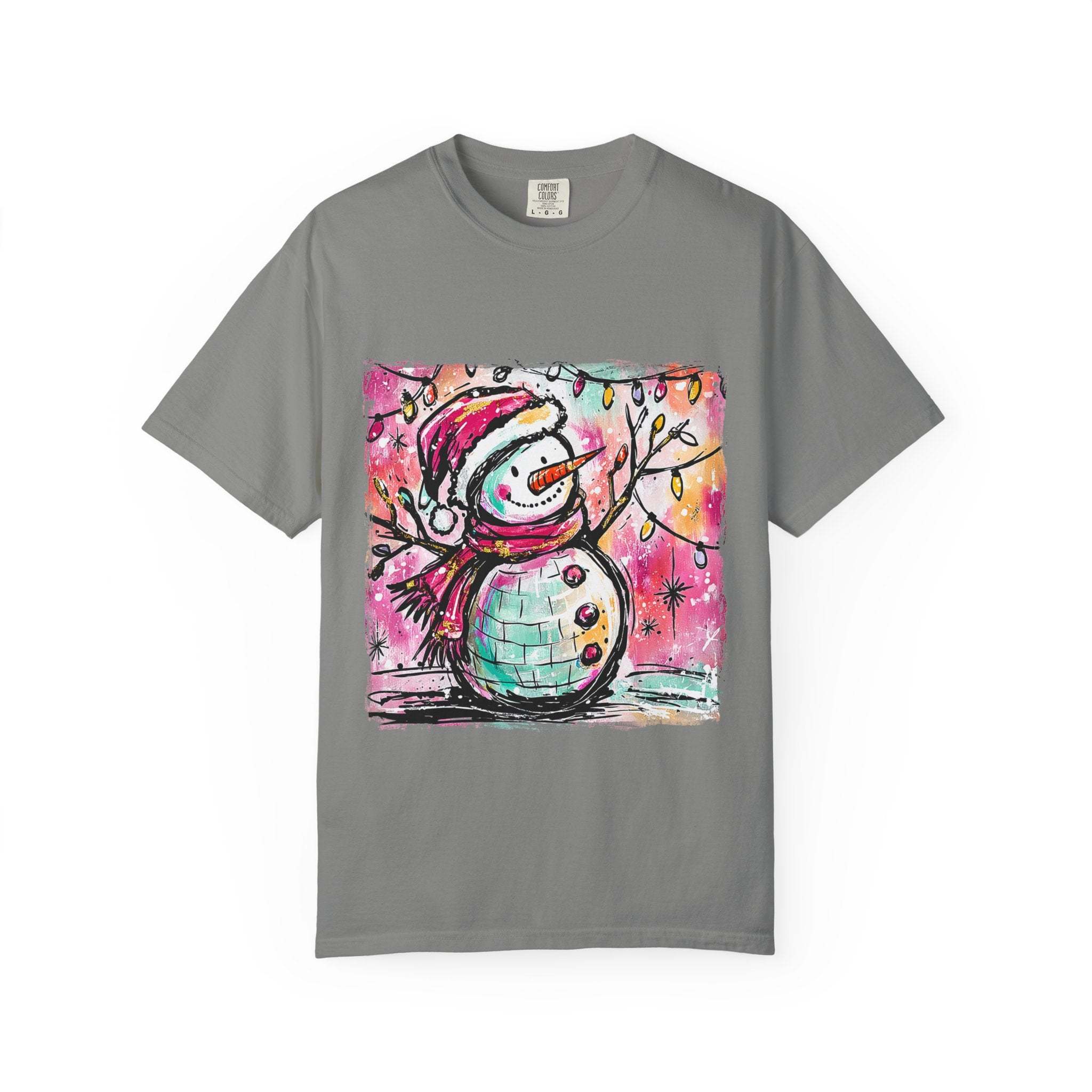 White unisex t-shirt featuring colorful disco ball snowman design, perfect for Christmas and dance parties by Printify