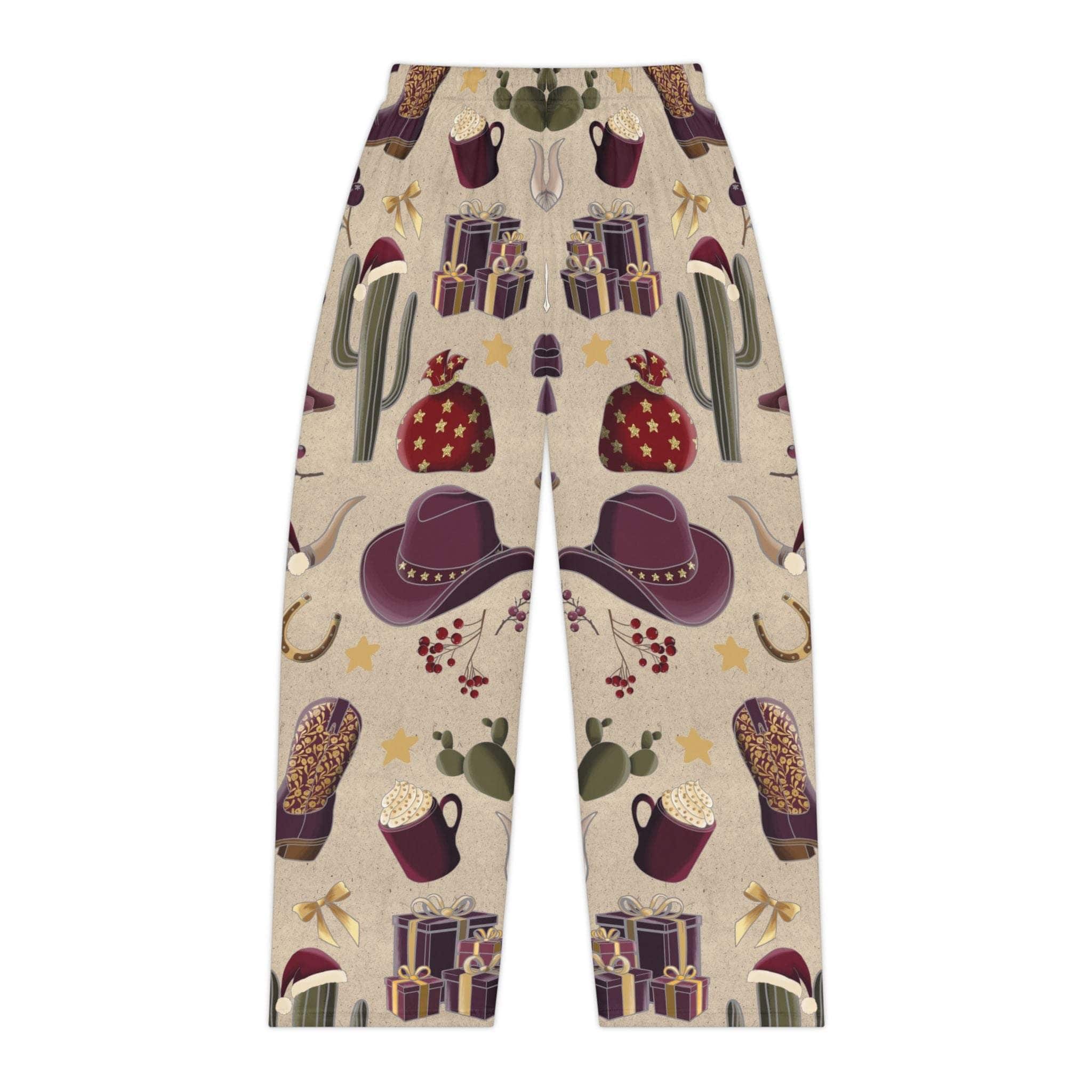 Printify women's cowgirl Christmas pajama pants with festive all-over prints, available in sizes XS, S, and M.