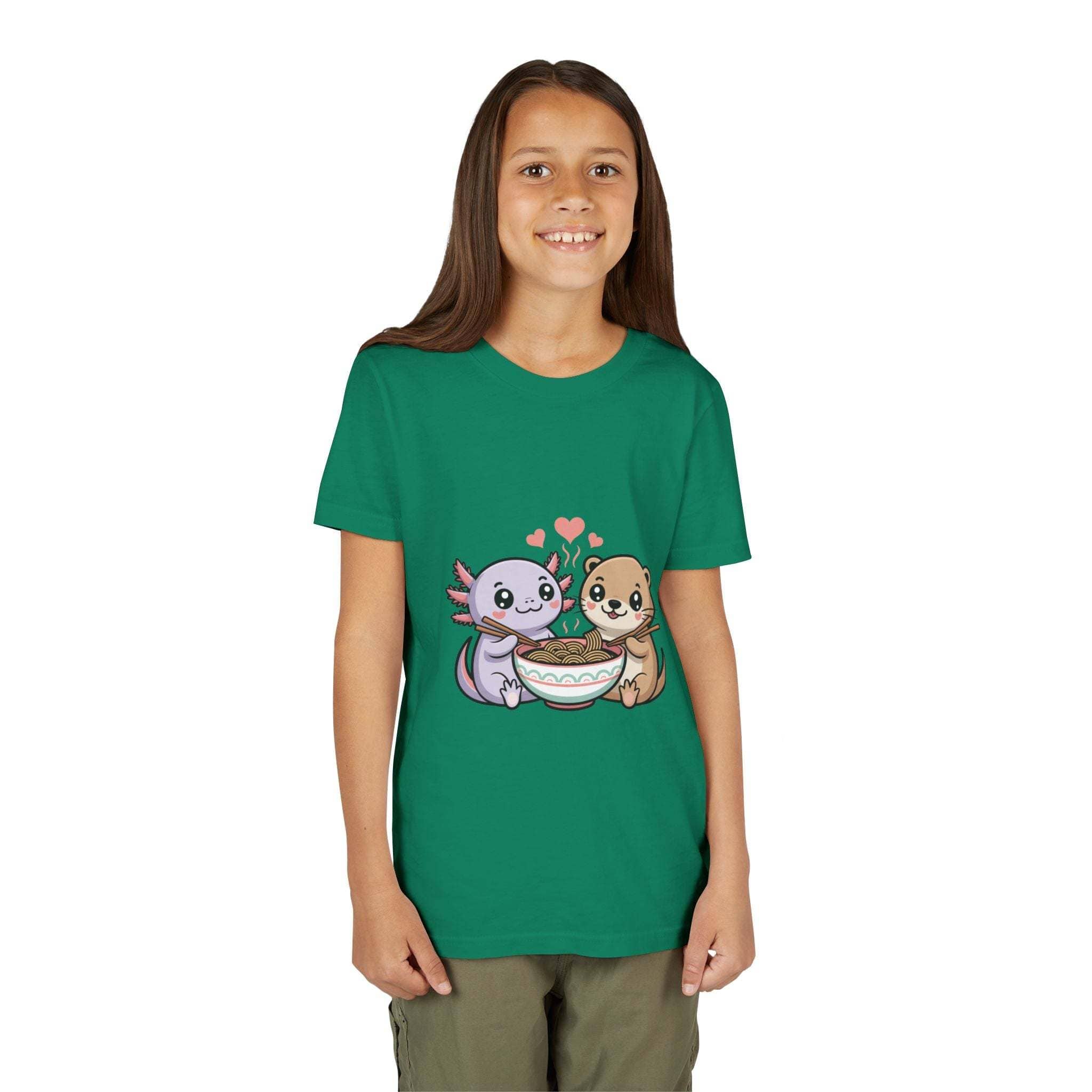 Cute Kawaii Animal Kids Shirt with axolotl and otter ramen design on lightweight cotton tee
