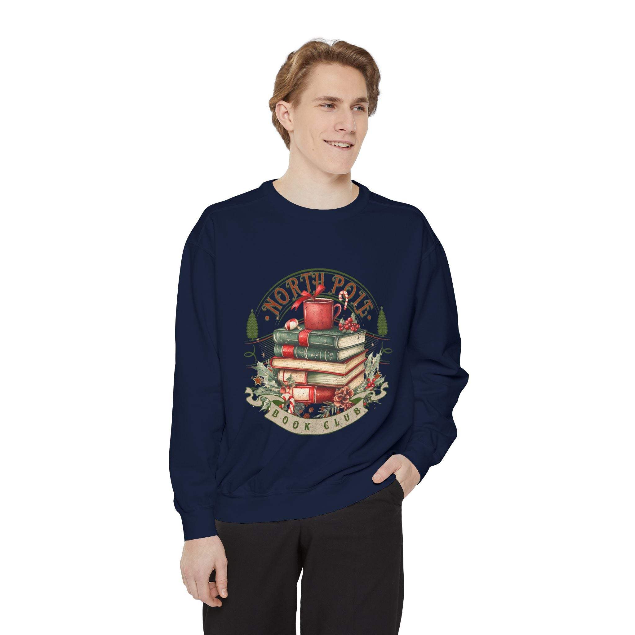 Vintage North Pole Book Club cozy navy sweatshirt with holiday book stack design