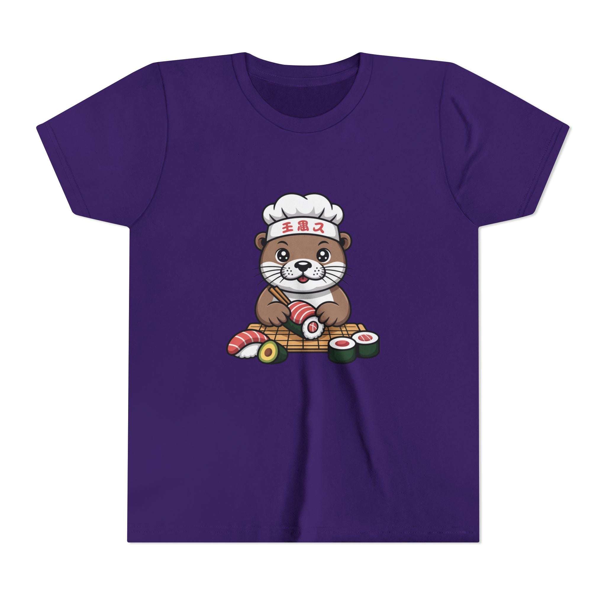 Cute Otter Sushi Chef graphic on youth tee shirt for kids, soft breathable cotton design