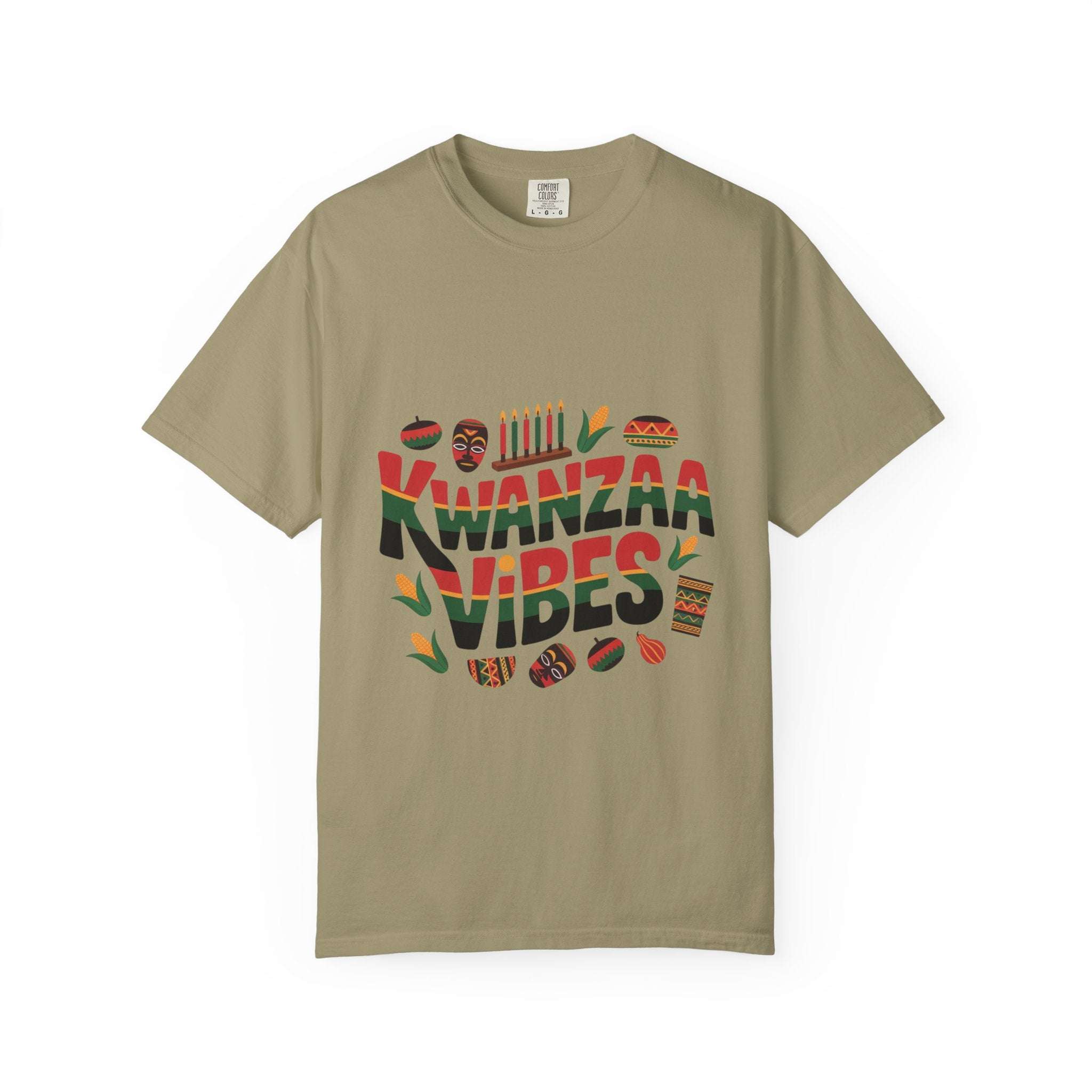 Garment-dyed white t-shirt with Kwanzaa Vibes graphic, by Printify, celebrating cultural heritage and holiday cheer.
