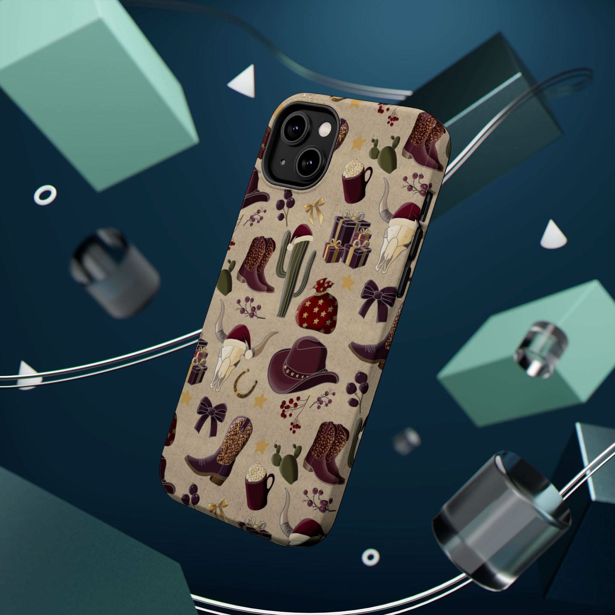 Cowboy Christmas design phone case for iPhone 17 in glossy finish by Printify, featuring festive colors and patterns.