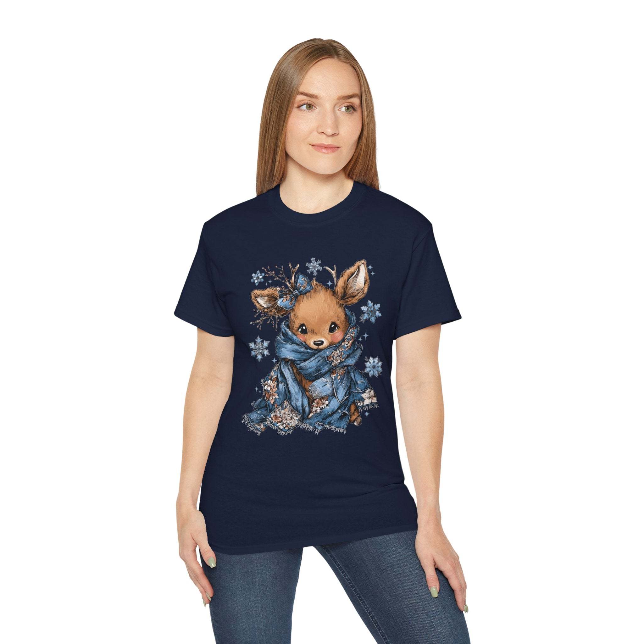 woman wearing navy Retro Patchwork Reindeer t-shirt with reindeer and snowflake design