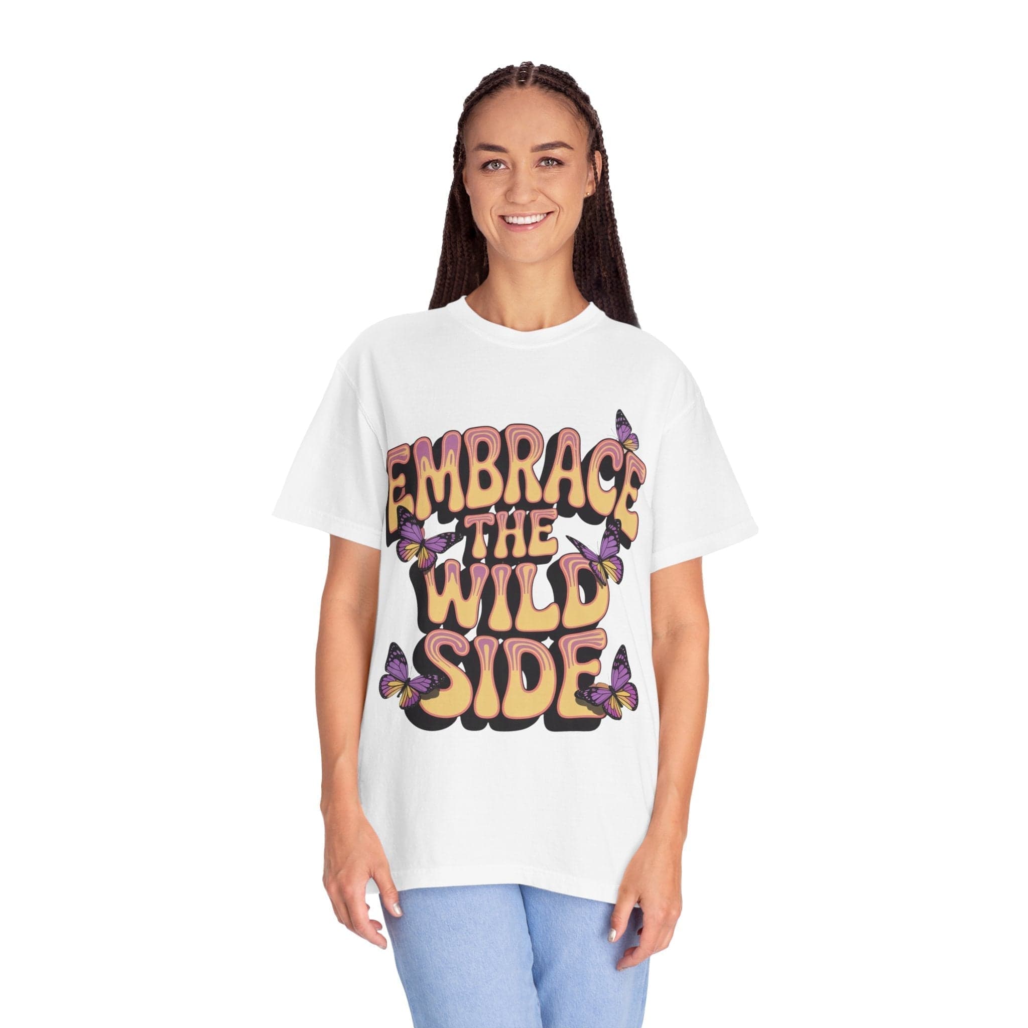 Unisex white garment-dyed T-shirt with "Embrace the Wild Side" print and butterfly design