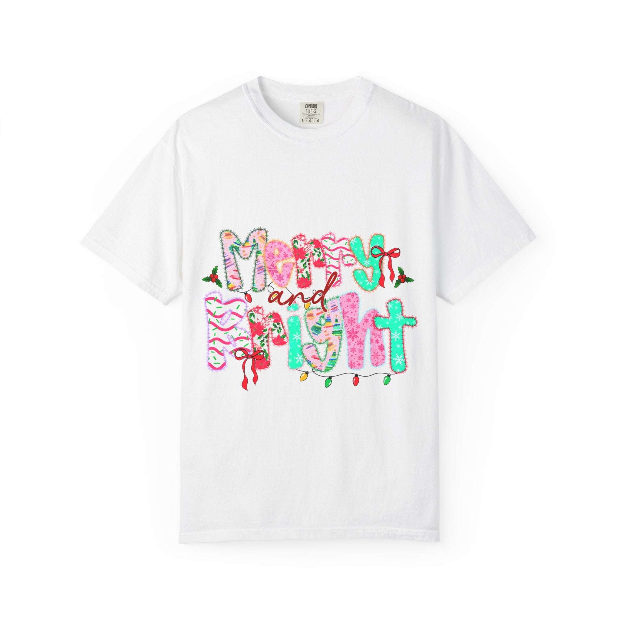 White Merry and Bright T-shirt with festive colorful holiday text and decorations