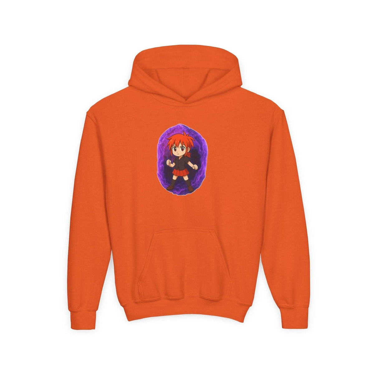 Purple Power Girl anime hoodie for kids, featuring a colorful design on a white sweatshirt by Printify